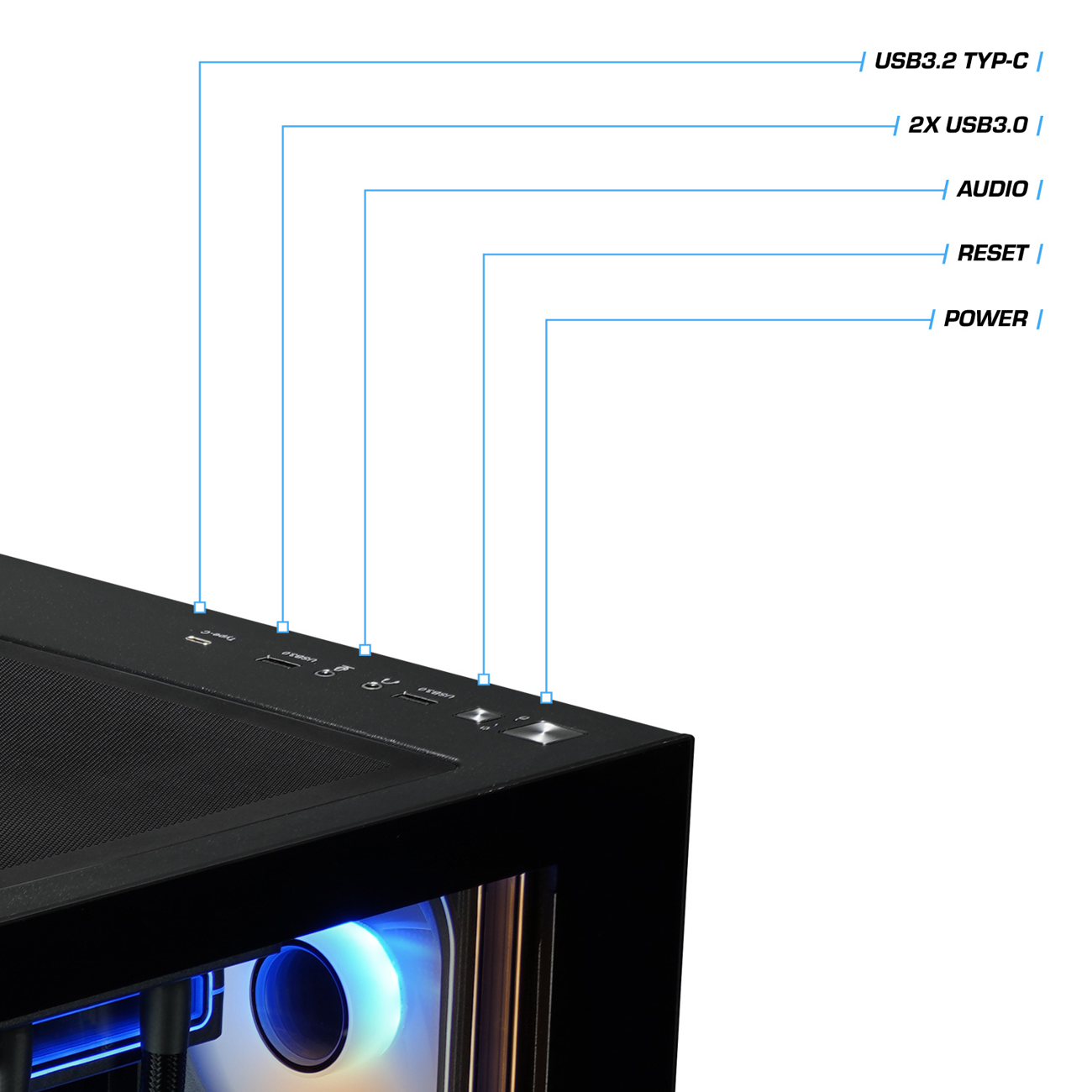 Oben auf einem schwarzen Computergehäuse sind Anschlüsse: USB 3.2 Typ-C, 2x USB 3.0, Audio, Reset, Power.