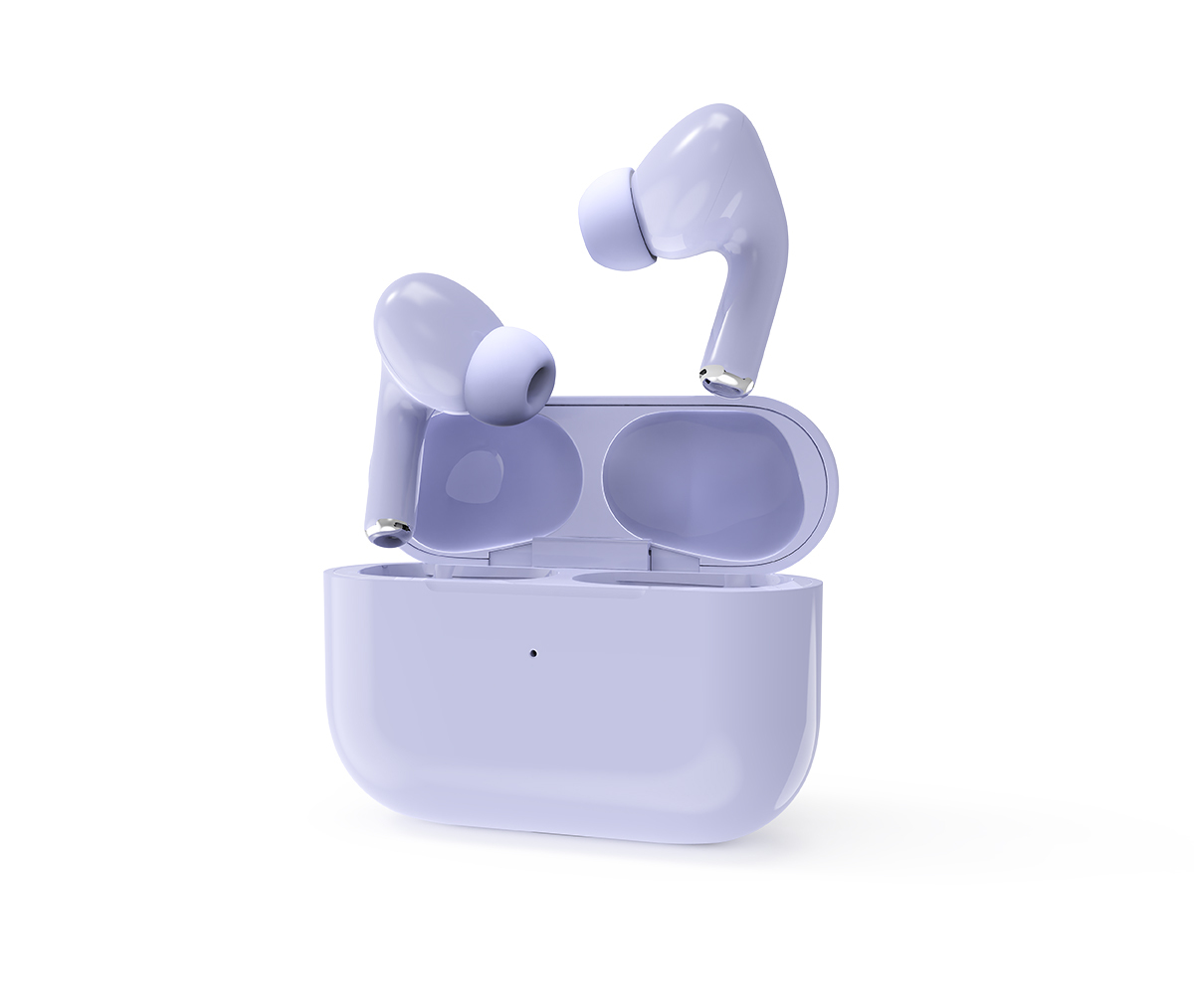 Lawendowe bezprzewodowe słuchawki w otwartym etui ładującym na białym tle.