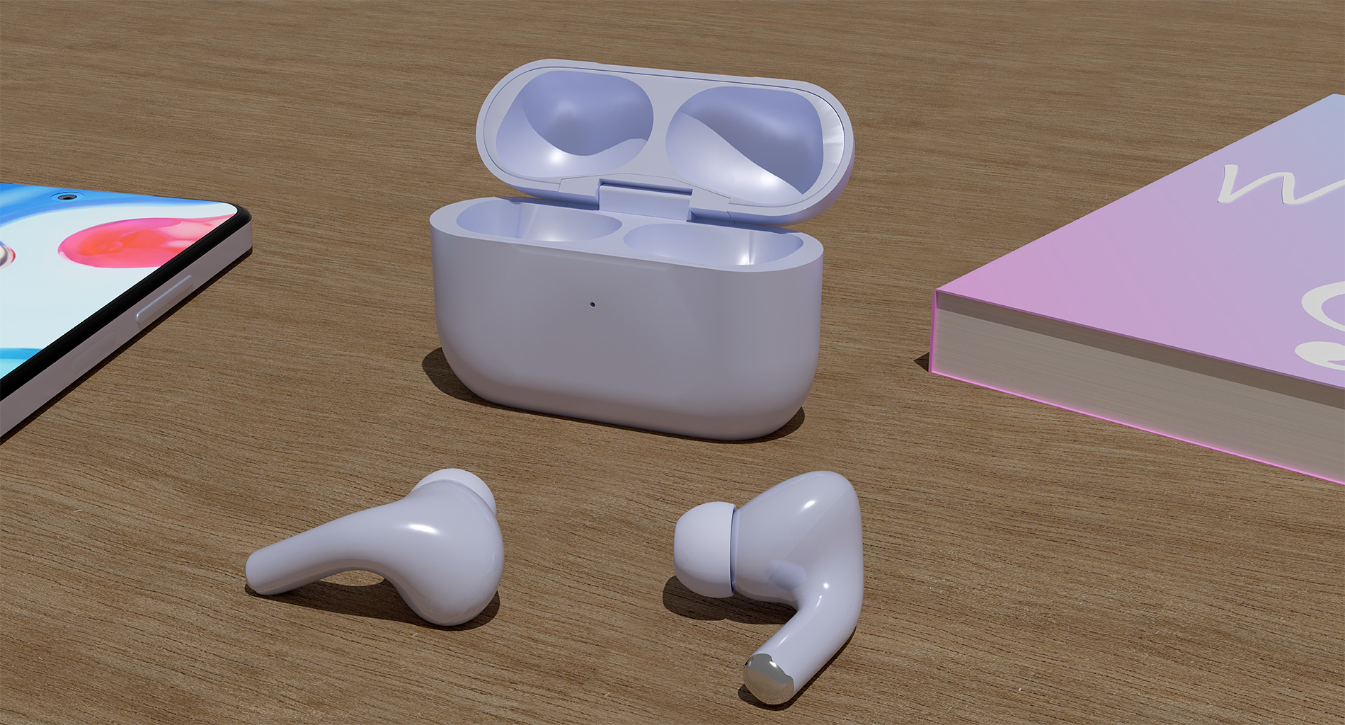 Białe słuchawki bezprzewodowe i etui ładujące obok smartfona i książki.