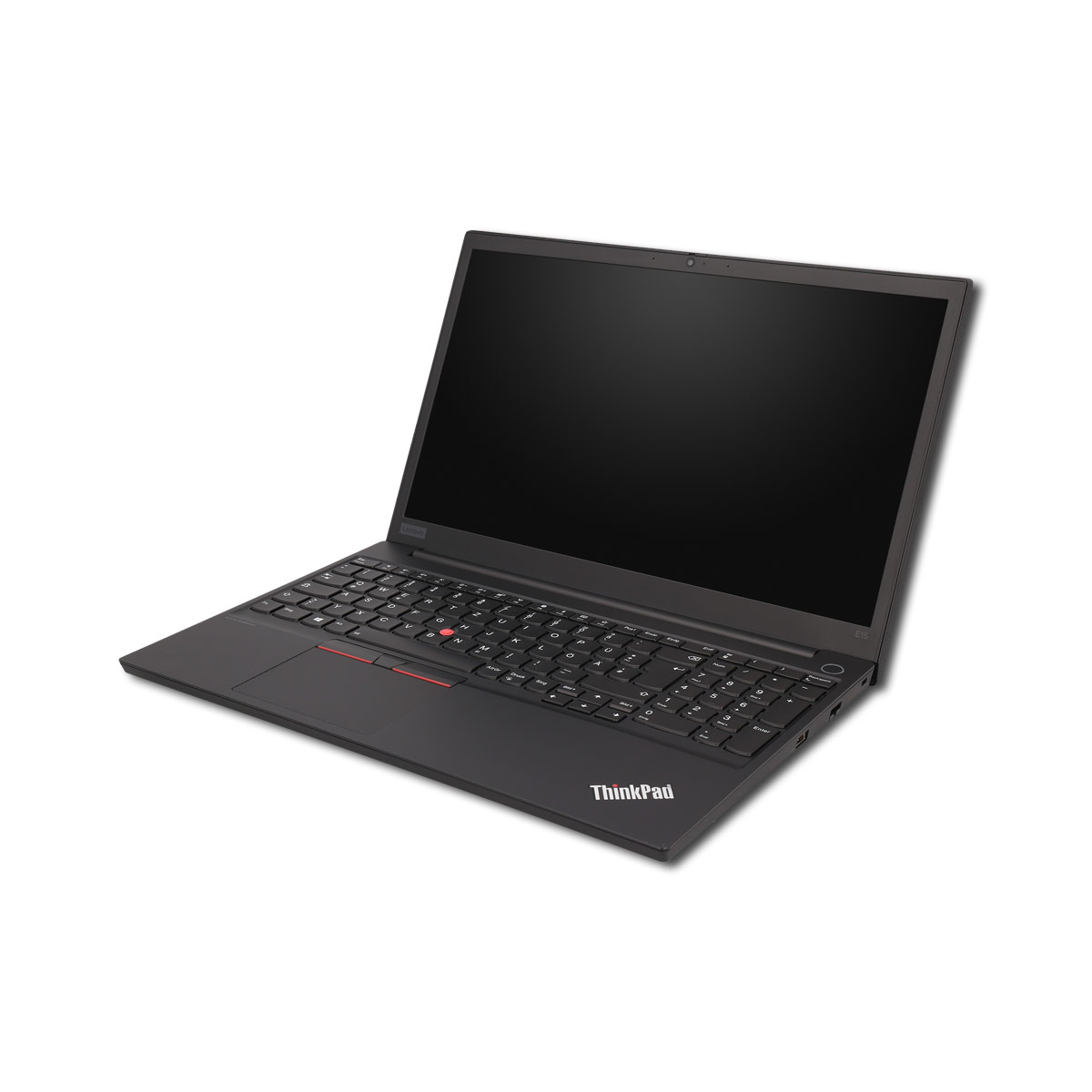 Ein schwarzer Lenovo ThinkPad Laptop ist geöffnet und zeigt die Tastatur und den Bildschirm.
