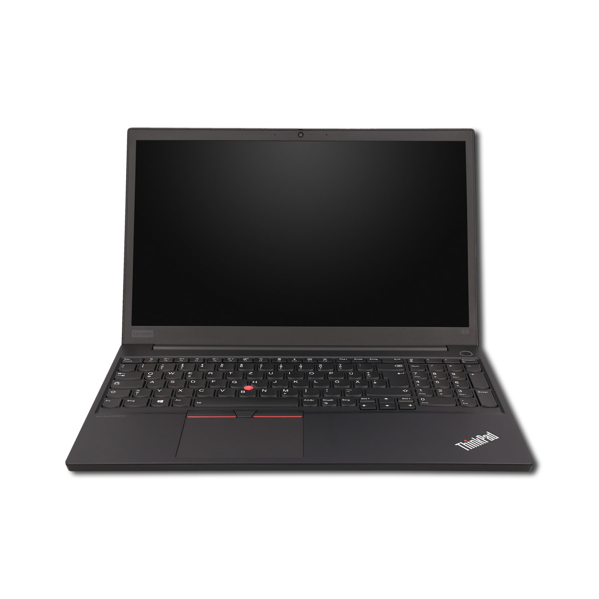 Ein geschlossener schwarzer Laptop mit Tastatur und Touchpad.