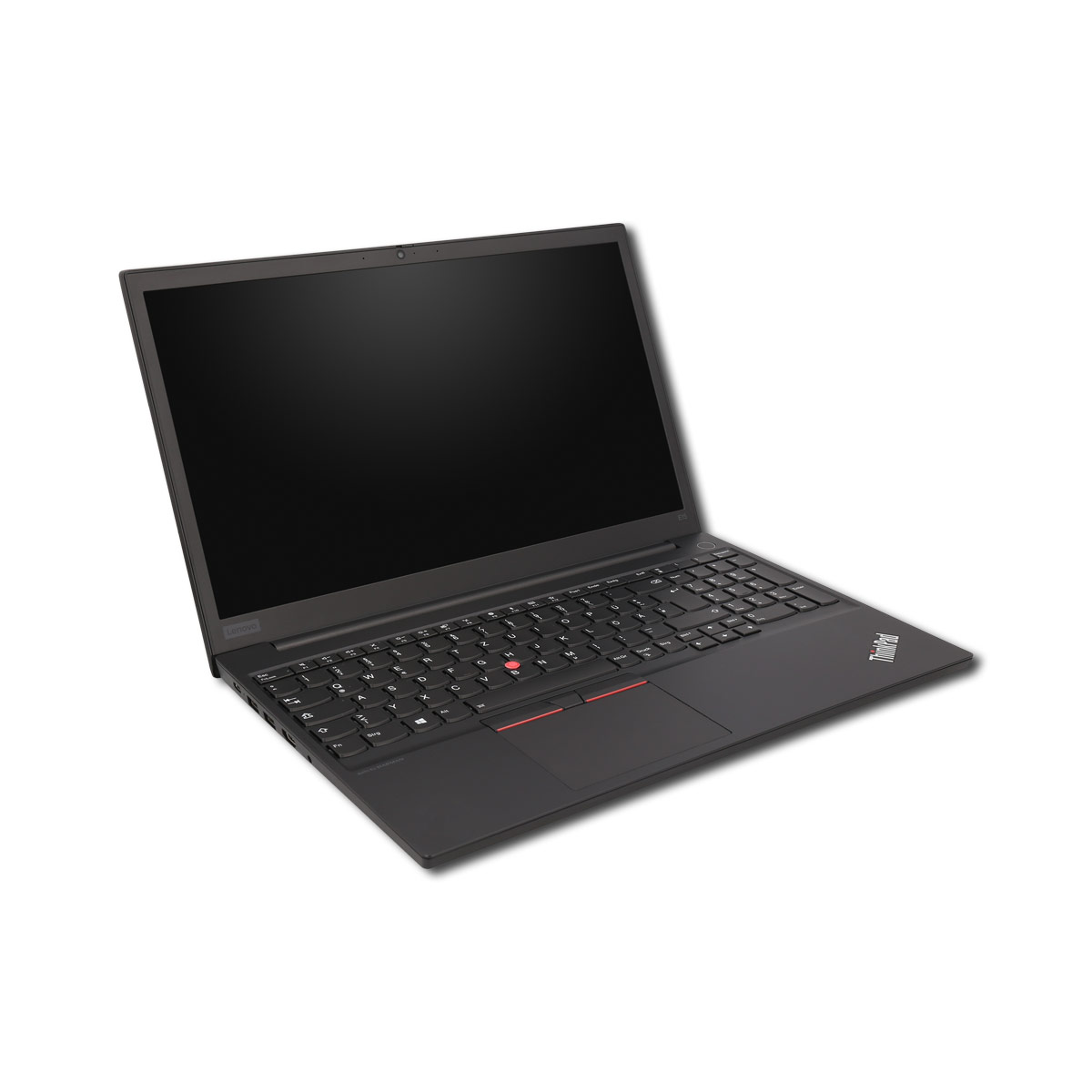 Schwarzer Lenovo ThinkPad Laptop mit Tastatur und Touchpad auf weißem Hintergrund.