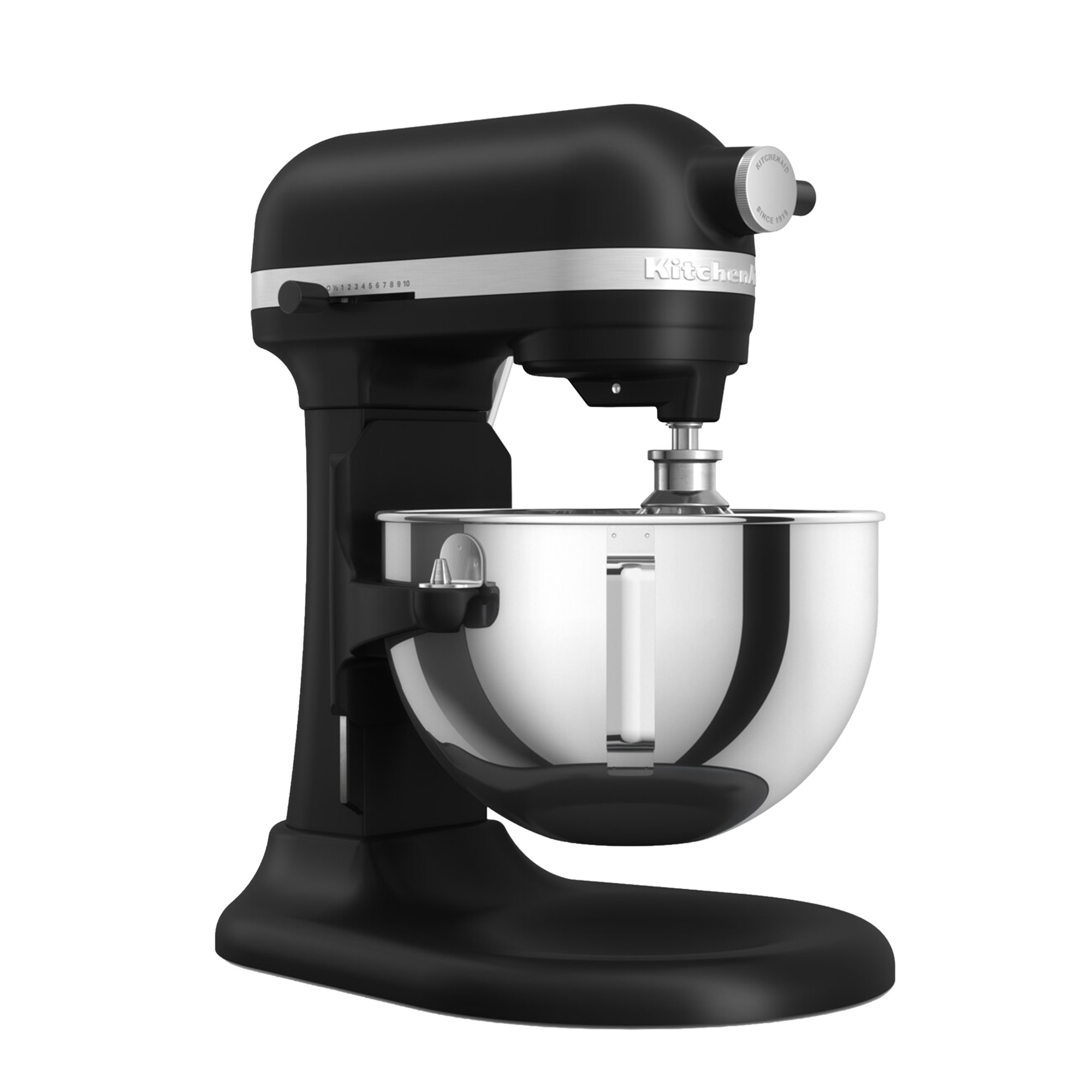 Schwarzer KitchenAid Standmixer mit poliertem Edelstahldschüssel und silbernem Bedienelement.