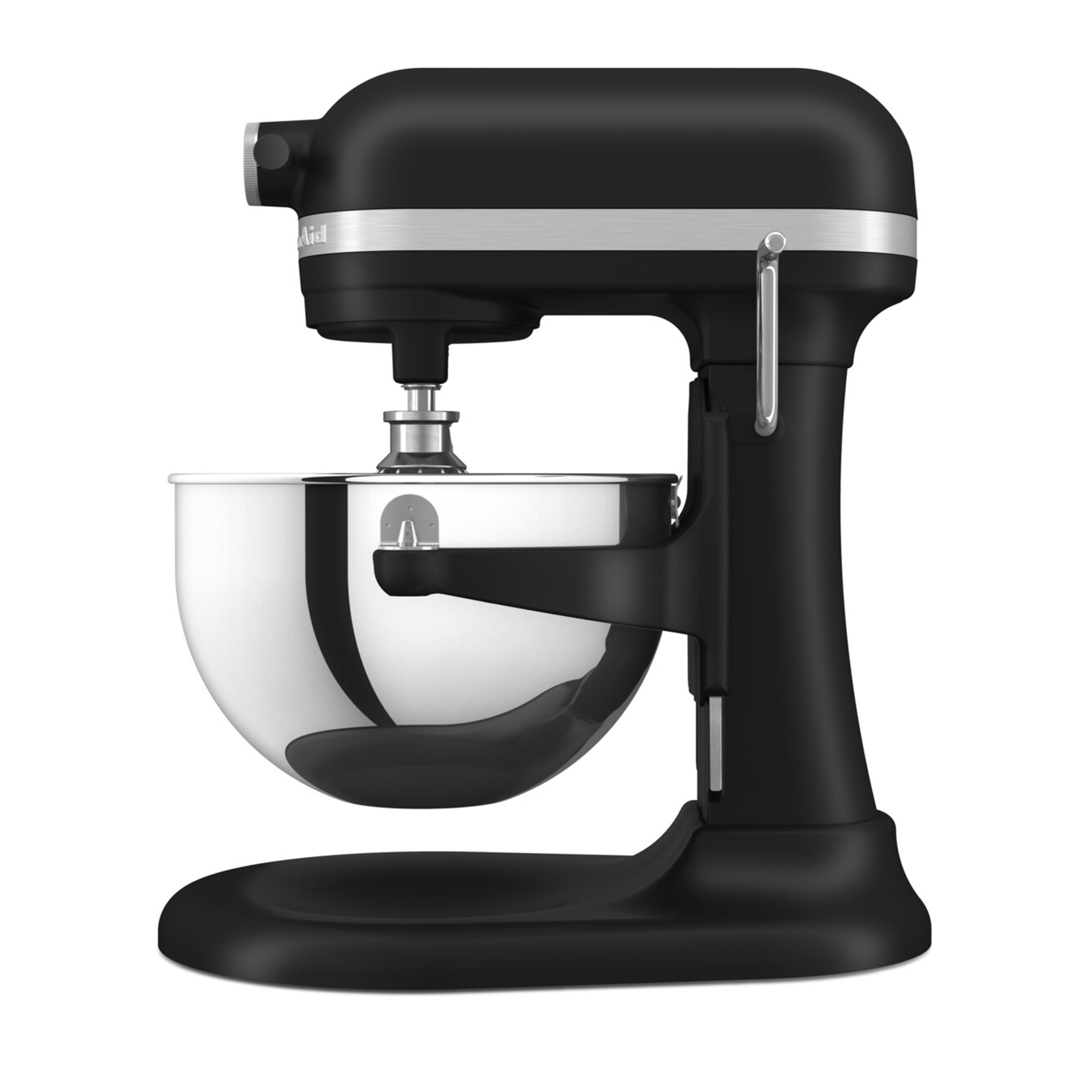 Ein schwarzer Küchenmixer mit Edelstahlschüssel steht auf weißem Hintergrund.