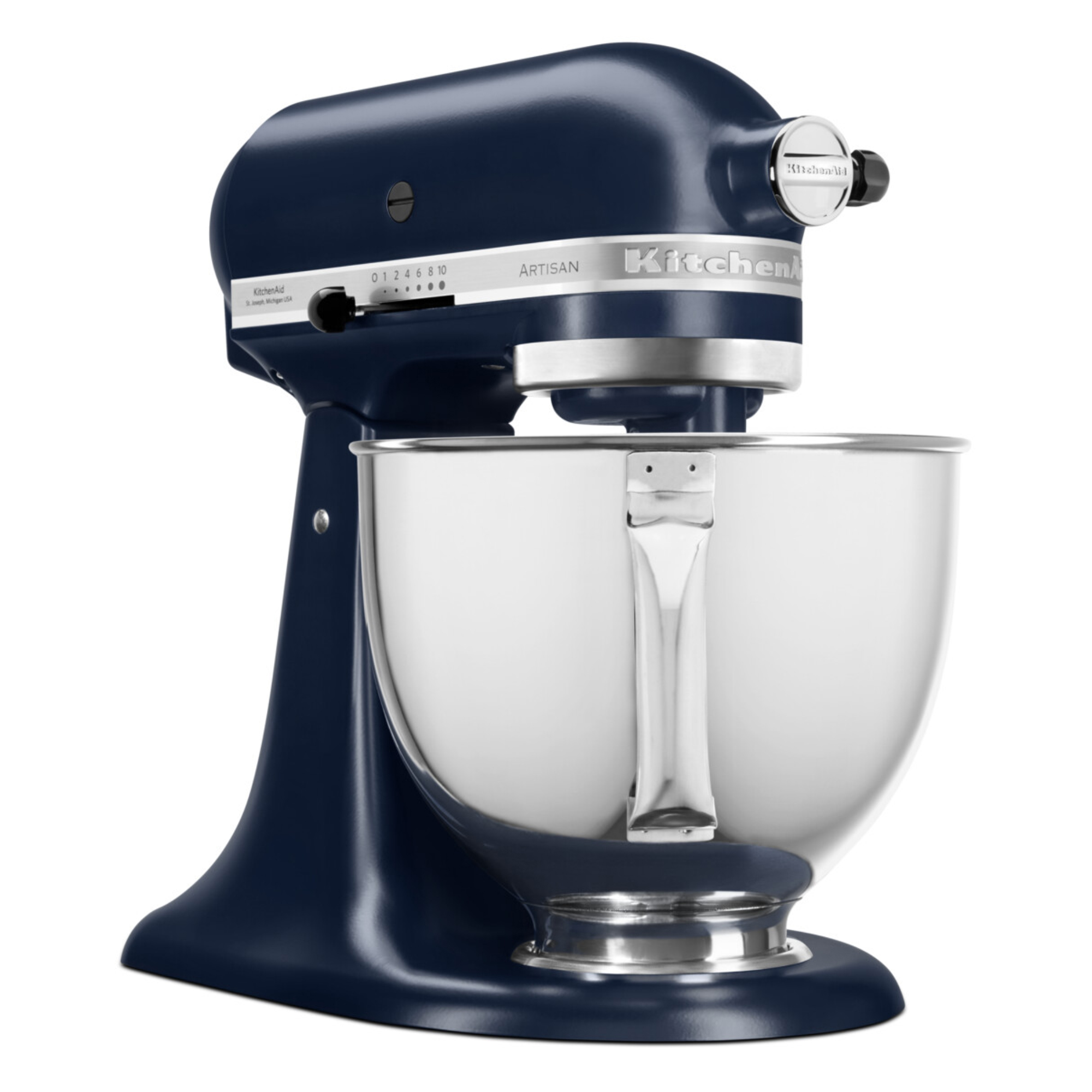 Dunkelblauer KitchenAid Artisan Standmixer mit Edelstahlschüssel.