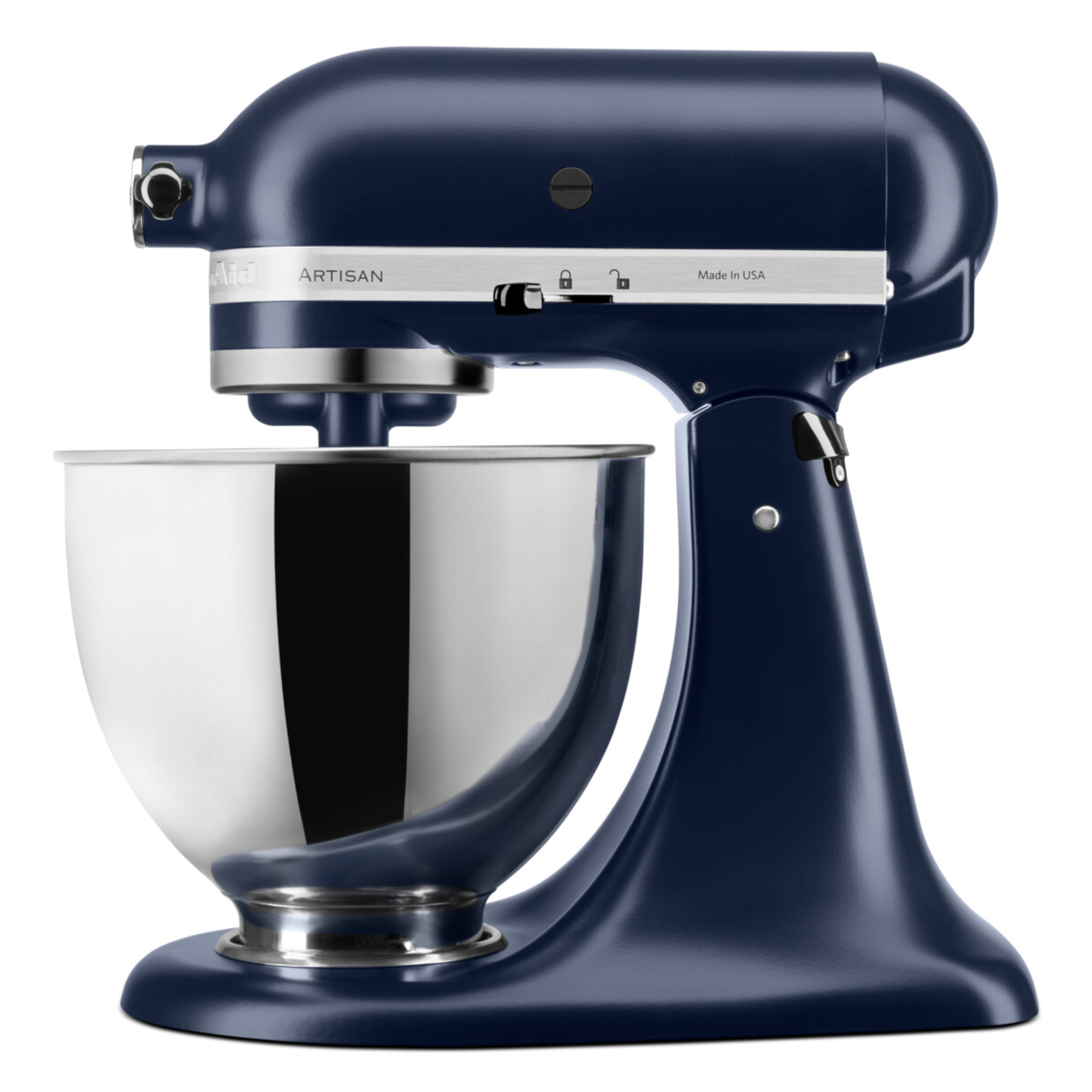 Dunkelblauer Küchenmixer mit Edelstahlschüssel. Made in USA.