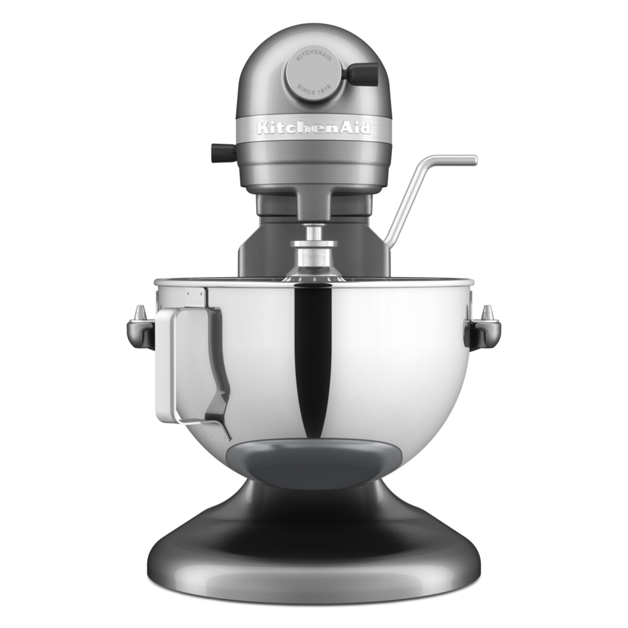 Grauer KitchenAid Standmixer mit poliertem Edelstahldesign und schwarzem Sockel.