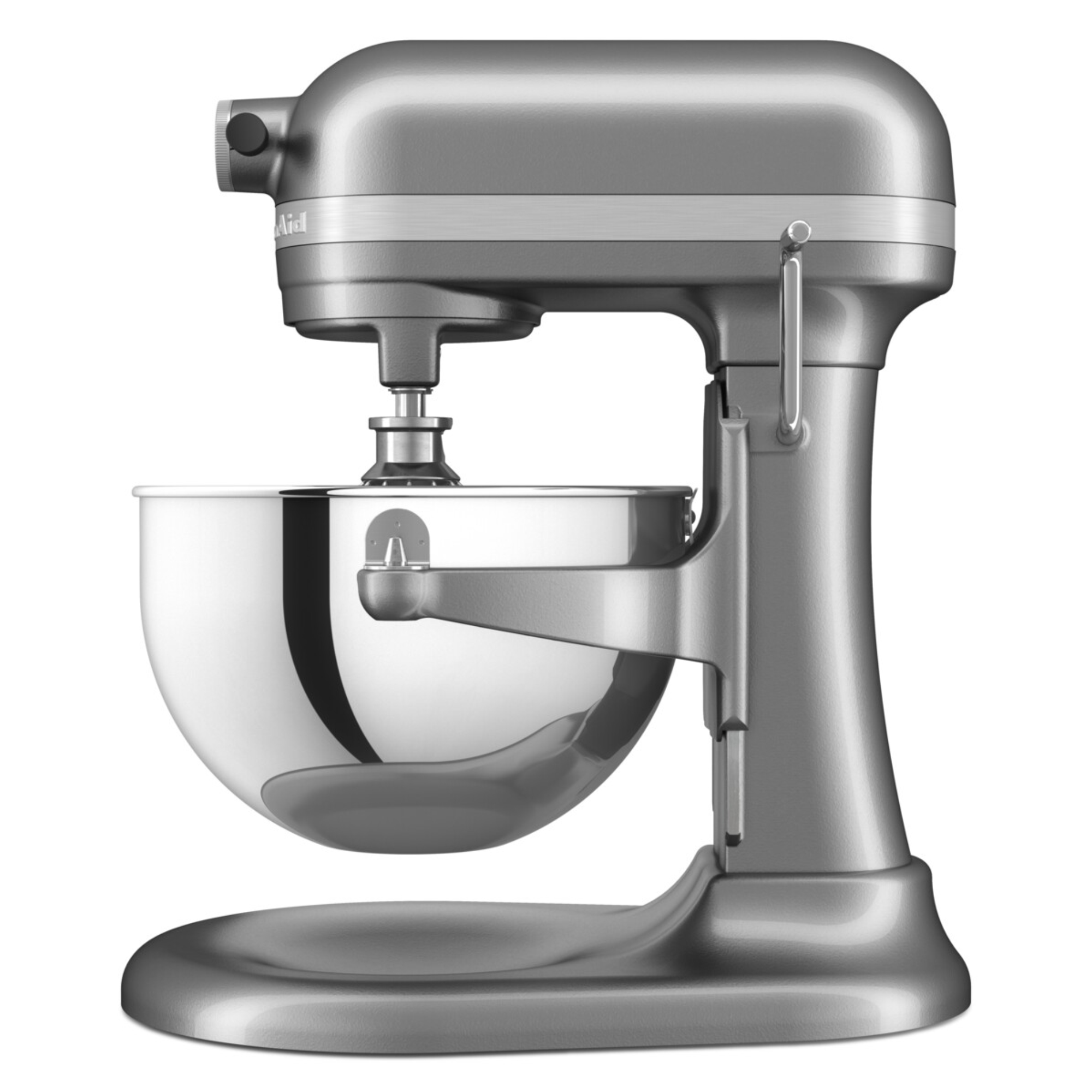 Grauer Küchenmaschinen-Standmixer mit poliertem Edelstahldrehknopf.
