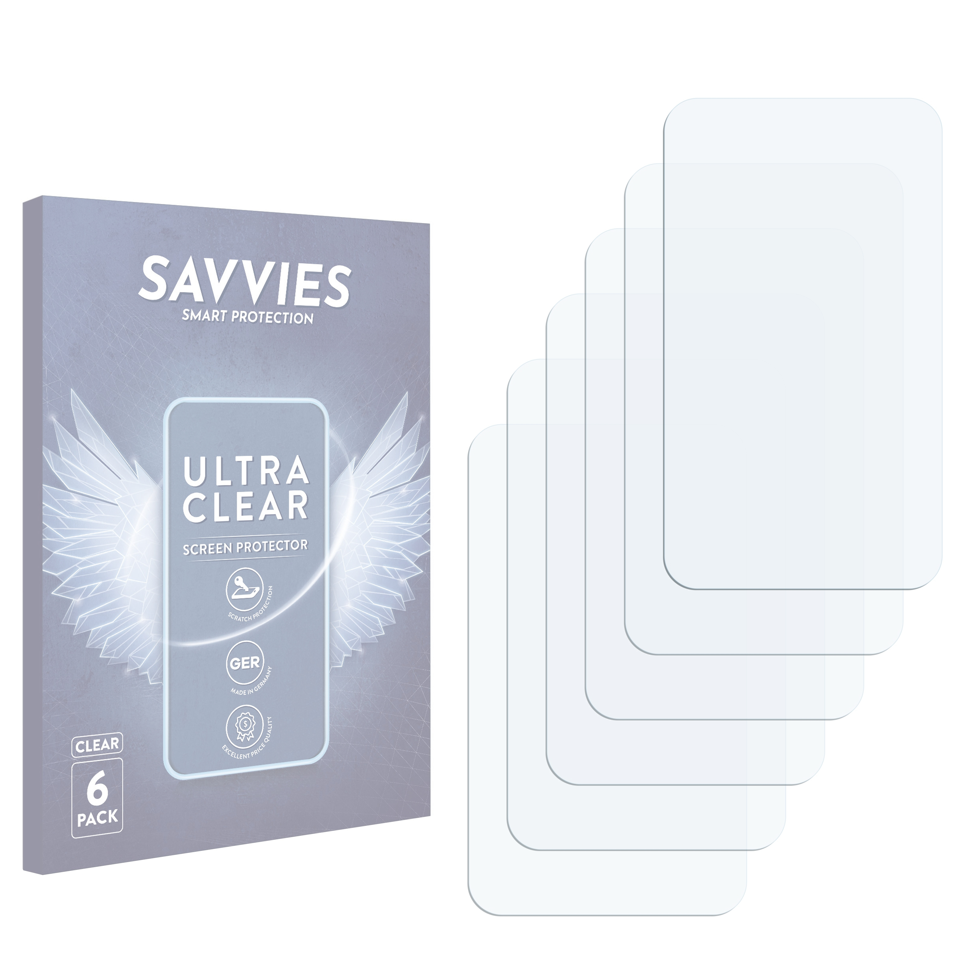 Eine Packung mit 6 Savvies Displayschutzfolien aus Deutschland.