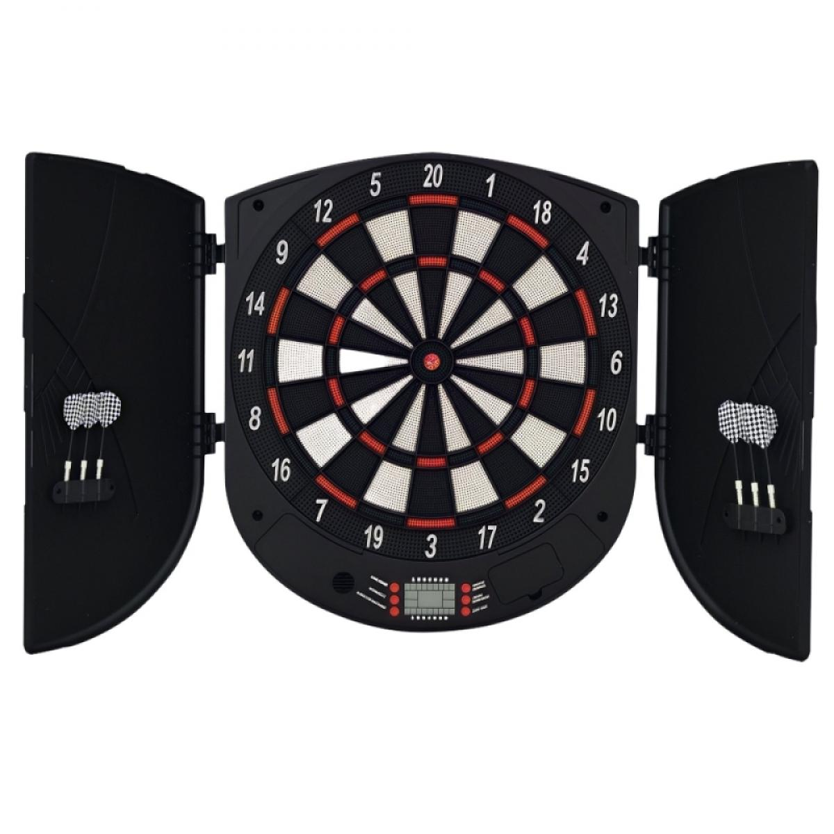 Ein Dartboard mit schwarzen, aufklappbaren Seitentüren, auf denen Darts aufbewahrt werden.