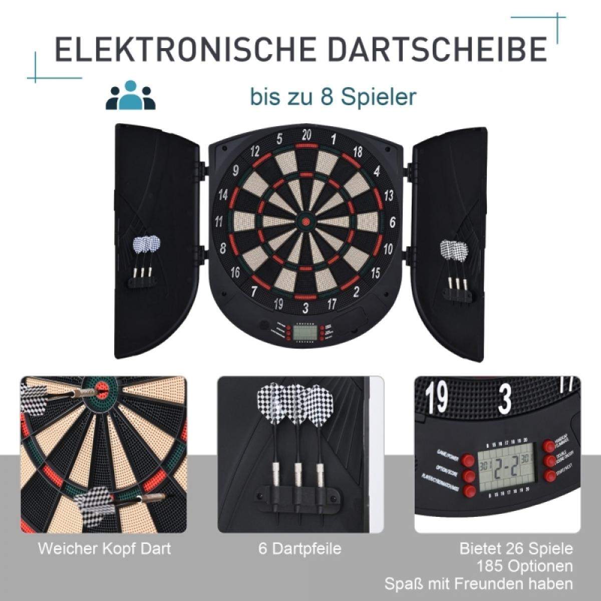 Elektronische Dartscheibe mit Flügeltüren und Zubehör, bis zu 8 Spieler.