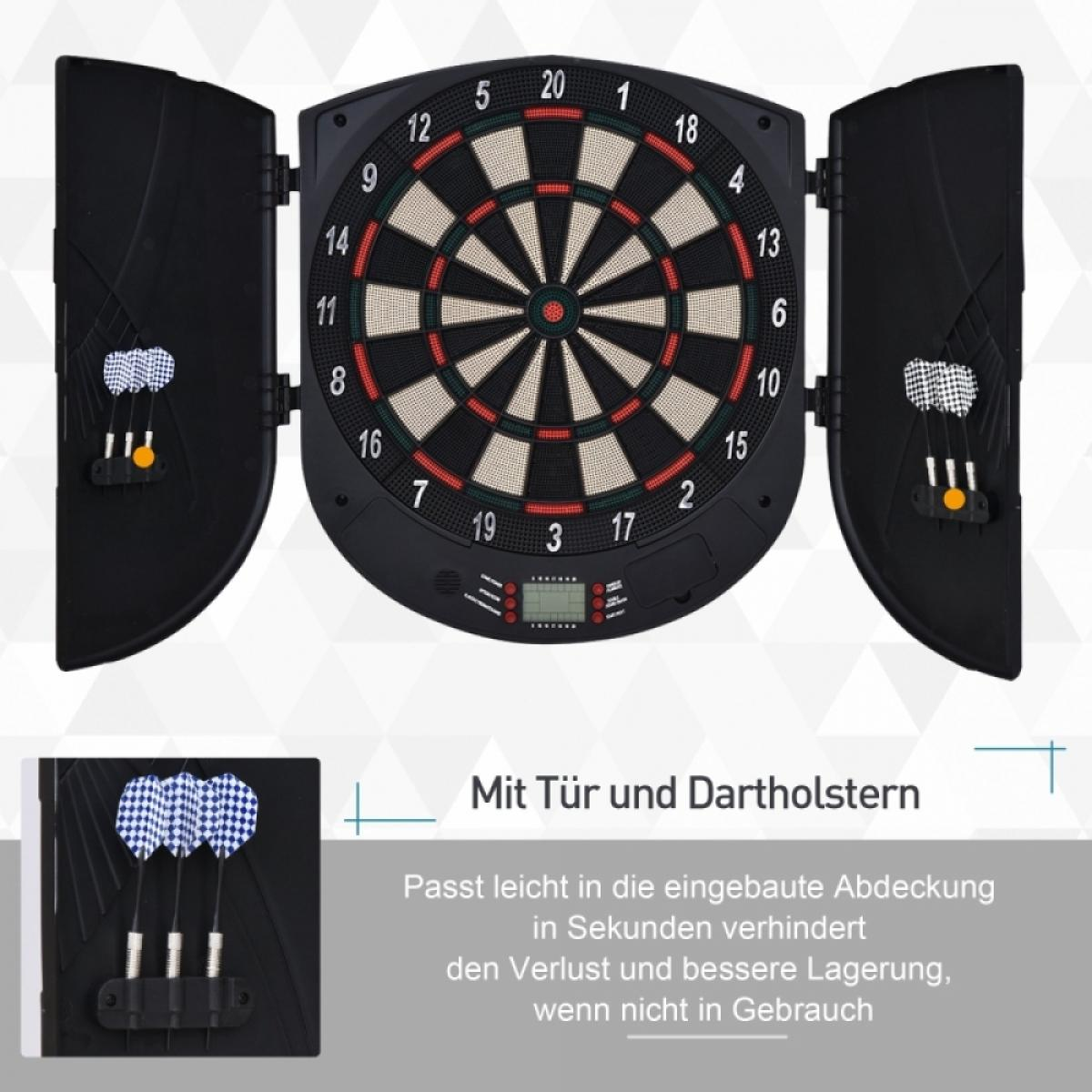 Elektronische Dartscheibe mit offenen Türen und drei Darts.