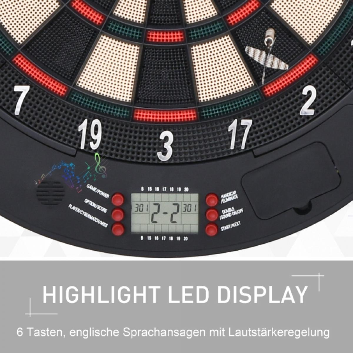 Elektronische Dartscheibe mit LED-Anzeige, Zahlen und Darts.