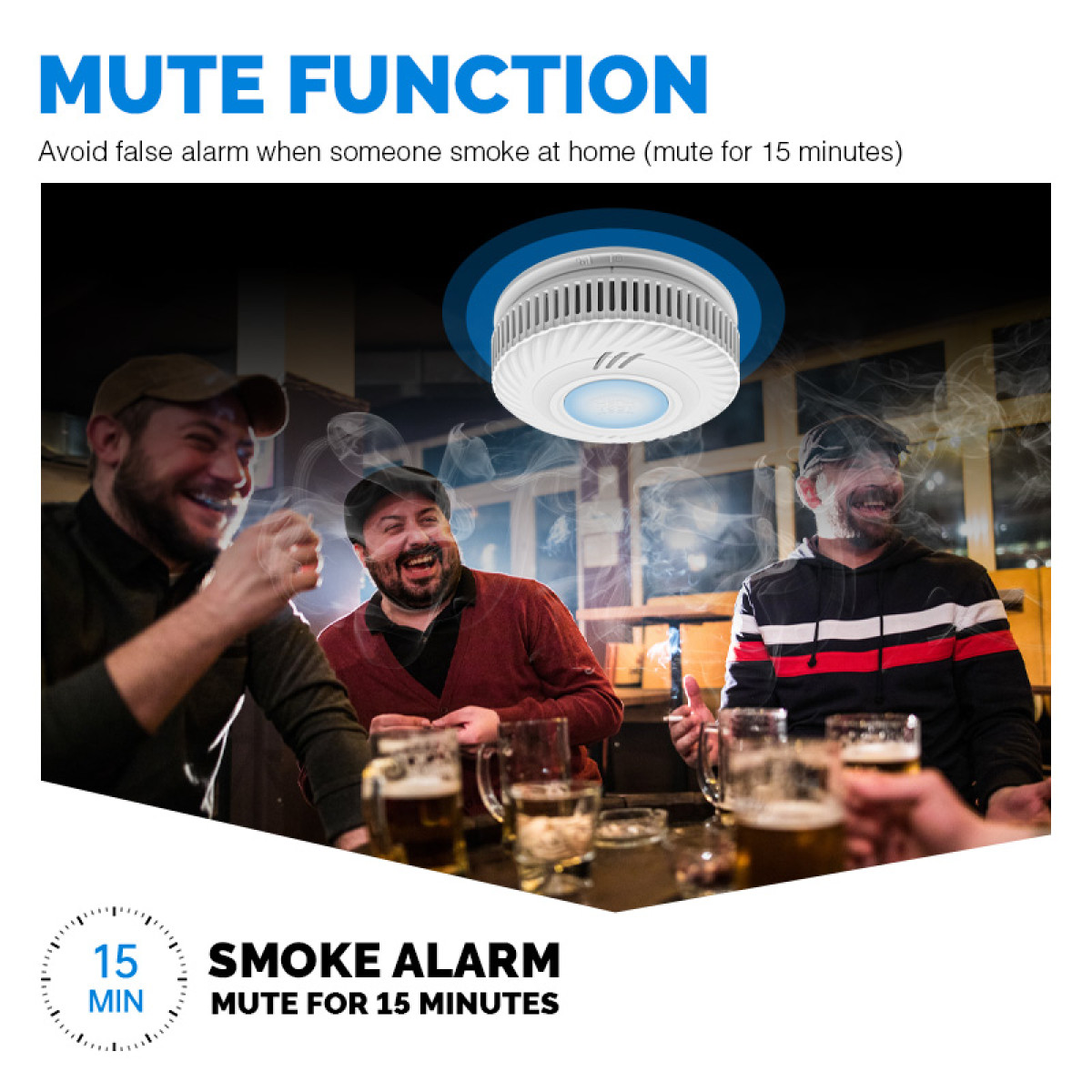 Czujnik dymu z funkcją wyciszenia na 15 minut nad trzema śmiejącymi się mężczyznami przy stole.