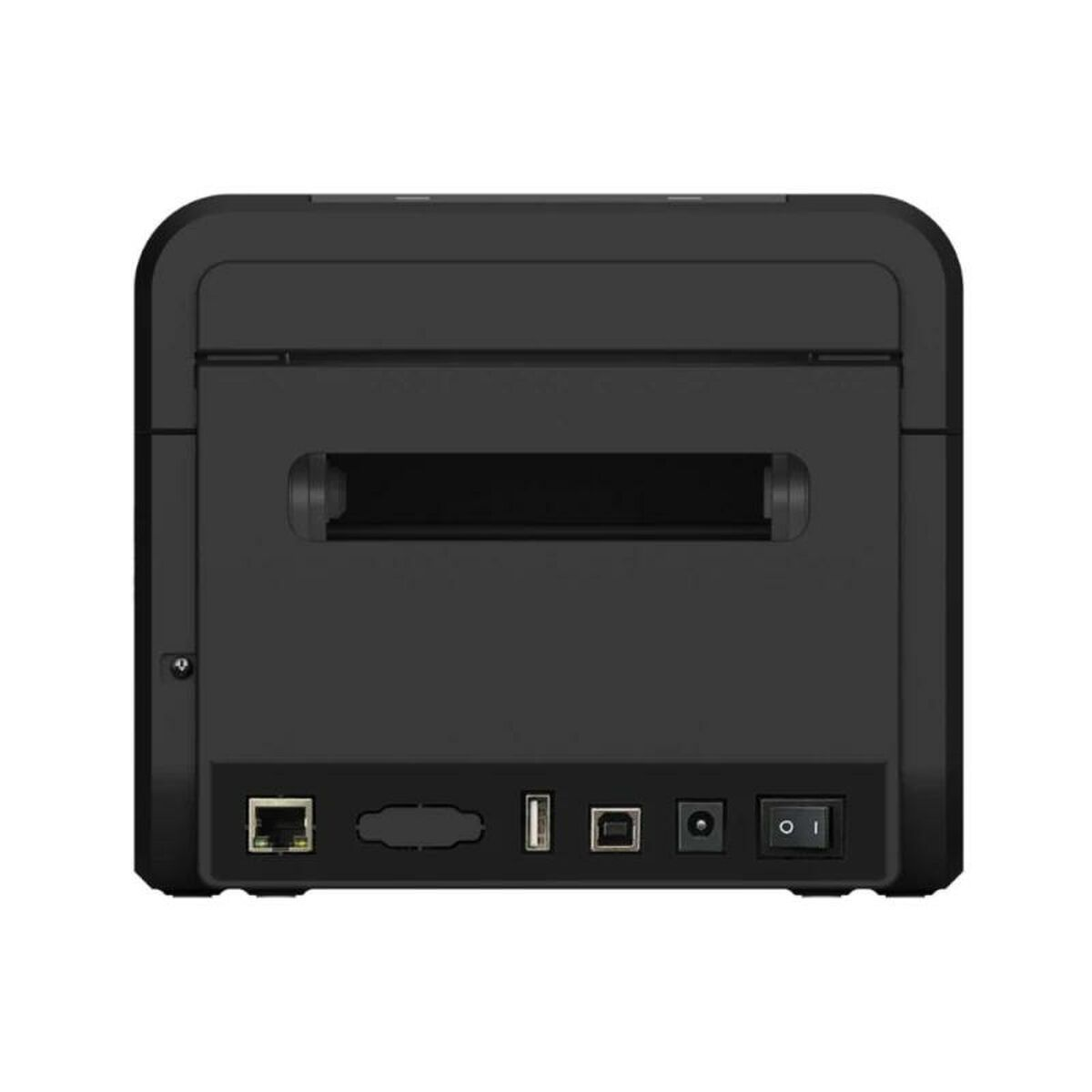 Czarna drukarka z portami Ethernet, USB i włącznikiem zasilania.