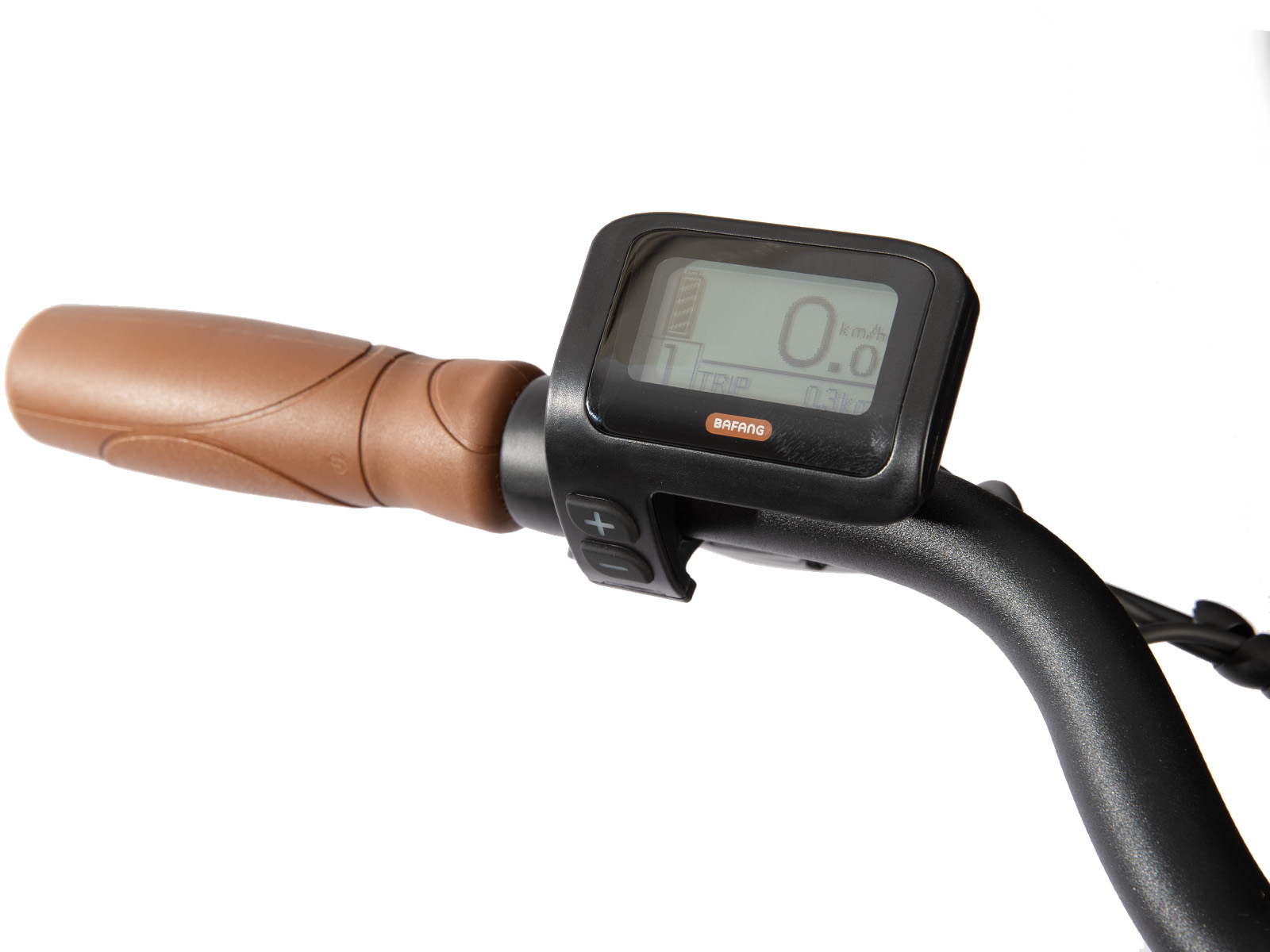 E-bike stuur met bruine grip en display toont 0.0 km/h.