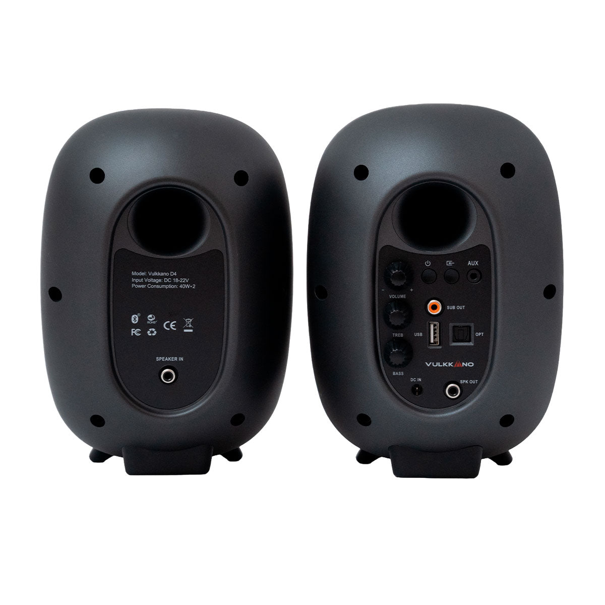 Reversos de dos altavoces negros mostrando puertos y controles. Modelo Vulkkano D4.
