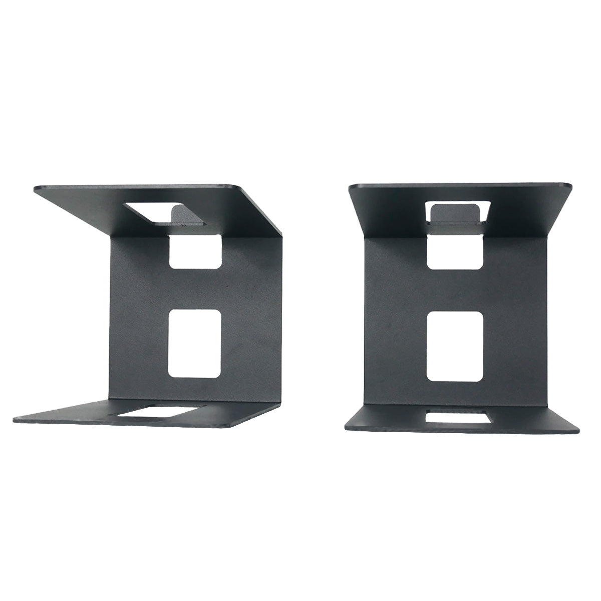 Dos soportes metálicos negros con recortes rectangulares y cuadrados uno al lado del otro.