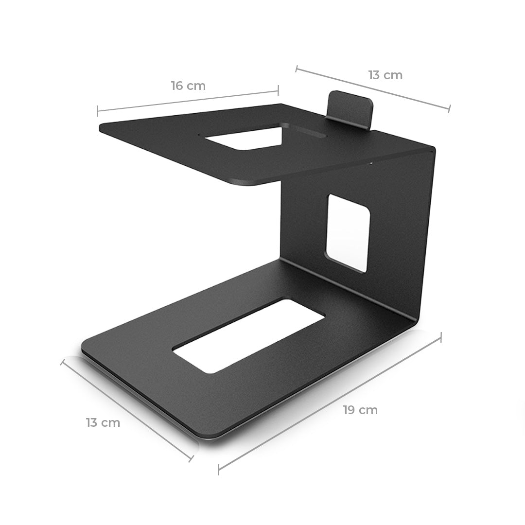 Soporte metálico negro con recortes rectangulares, 16x13x19 cm.