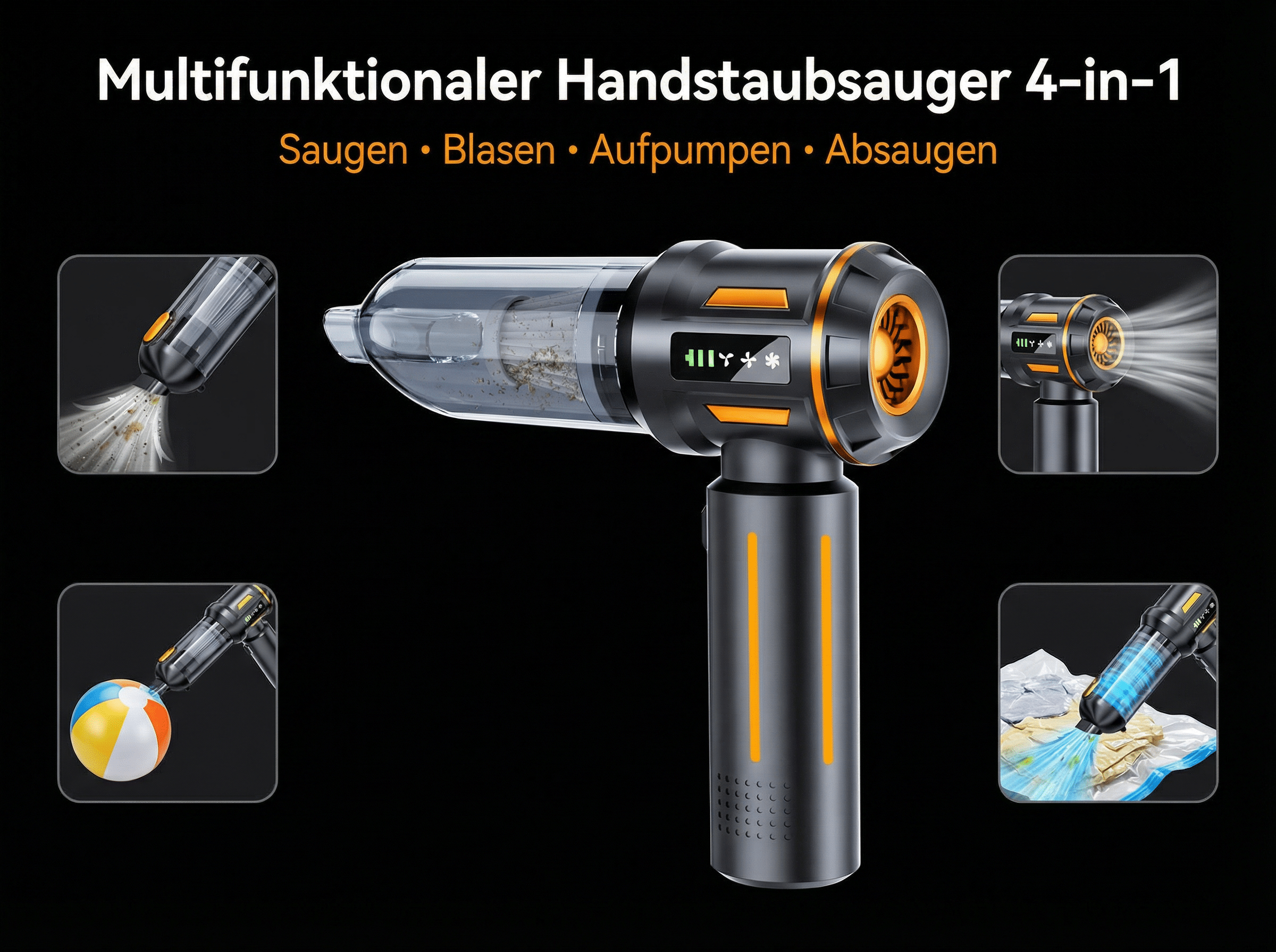Ein multifunktionaler Handstaubsauger in 4-in-1-Ausführung, zeigt Saug-, Blas-, Aufpump- und Absaugfunktionen.