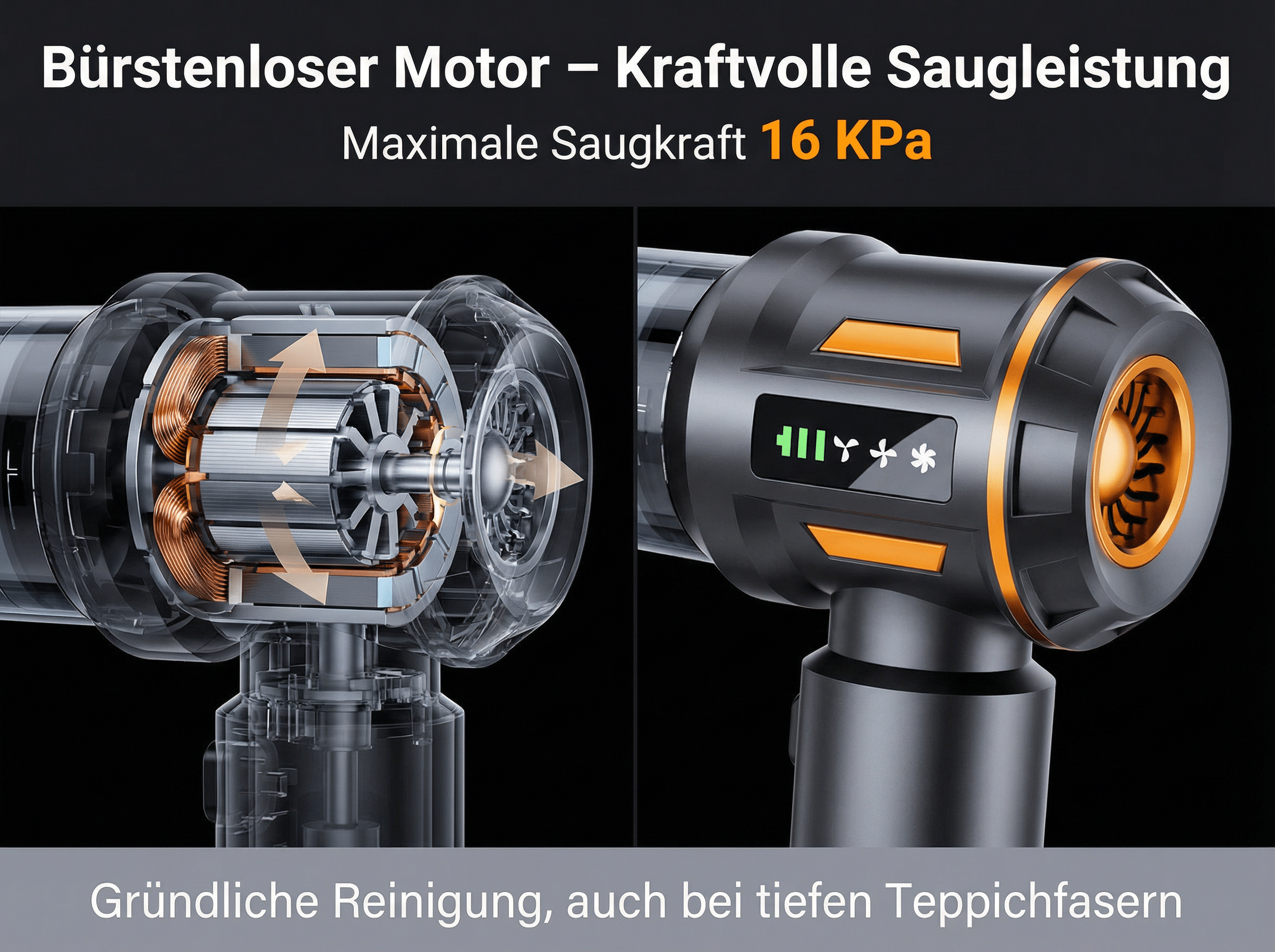 Nahaufnahme eines Vakuumkopfes, der einen bürstenlosen Motor zeigt.