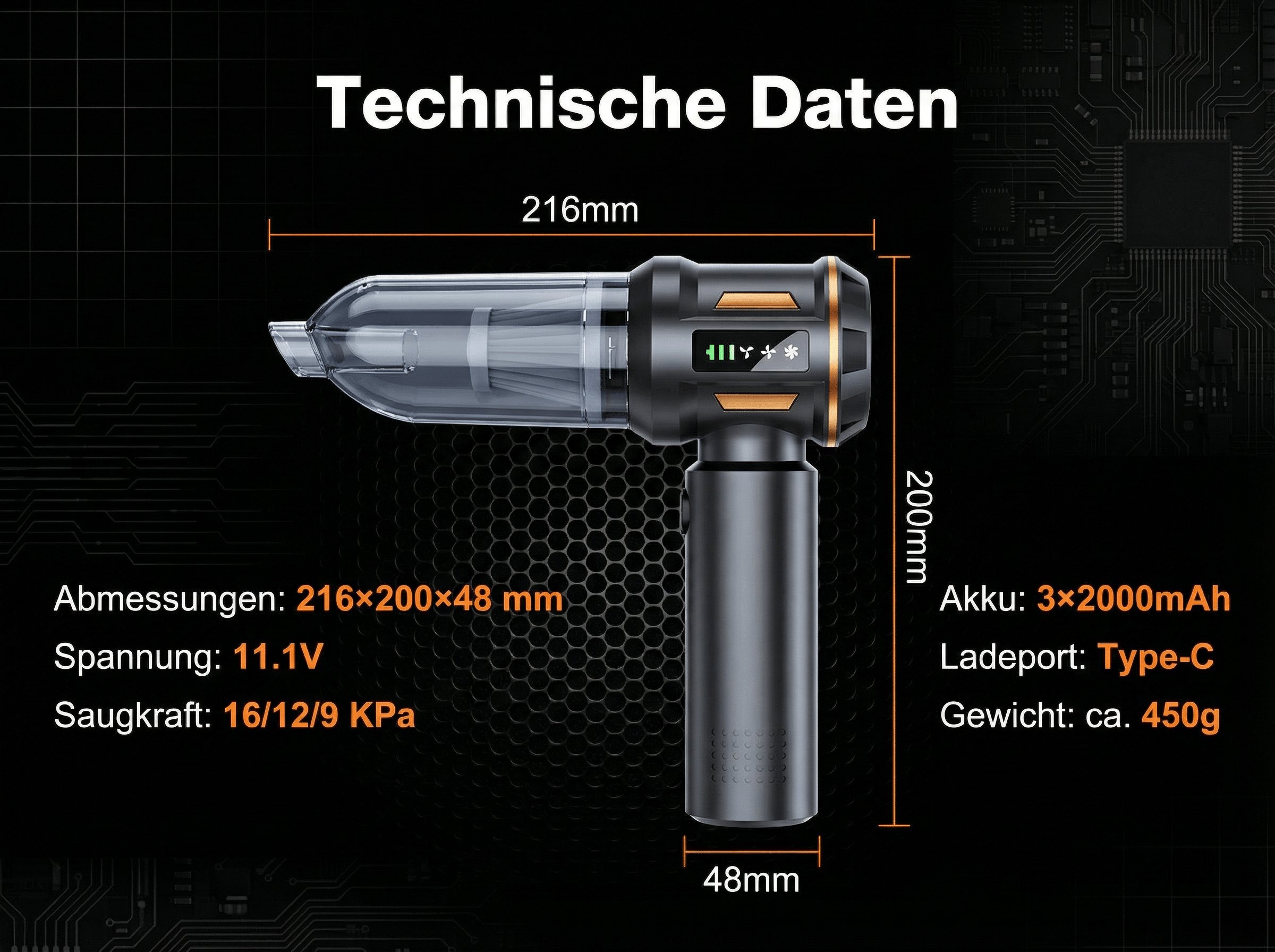 Technische Daten: 216x200x48mm, 11.1V, 16/12/9 KPa, 3x2000mAh Akku.