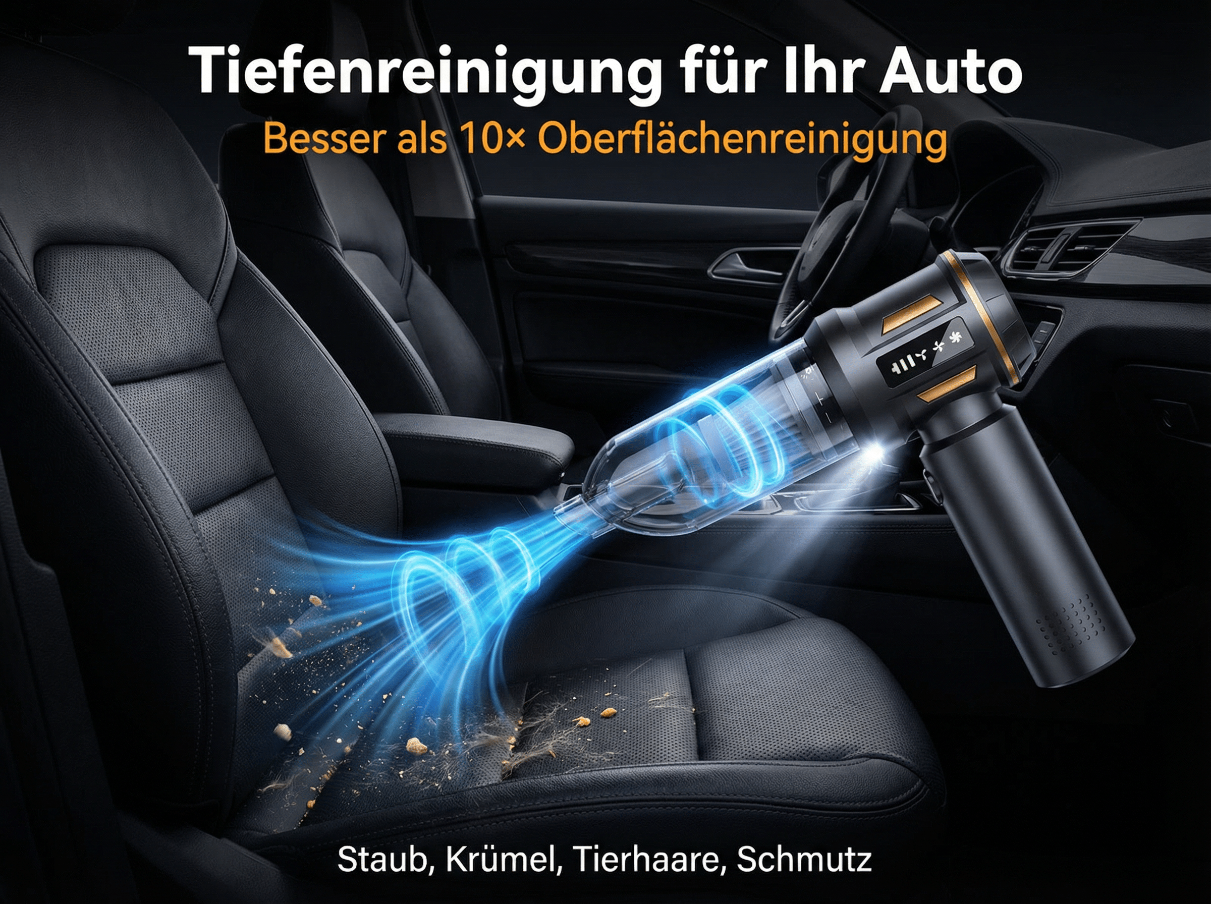 Ein Handstaubsauger reinigt Autositze von Staub und Krümeln.