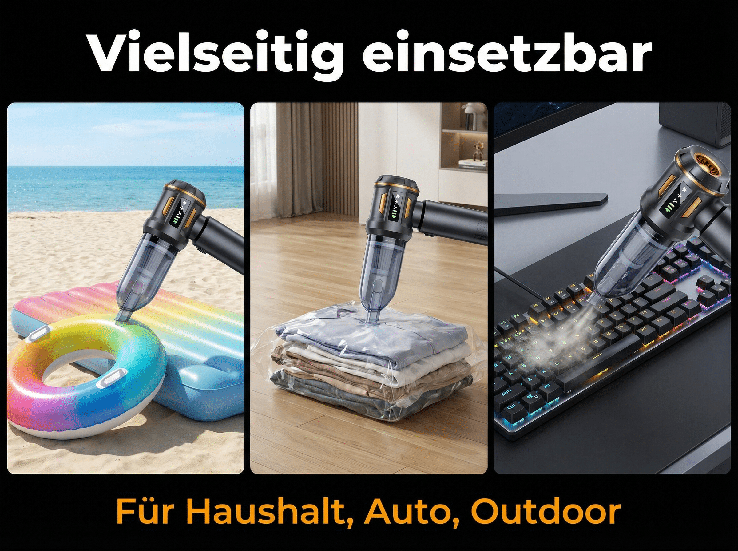 Ein Gerät reinigt am Strand, vakuumverpackt Kleidung und reinigt eine Tastatur.