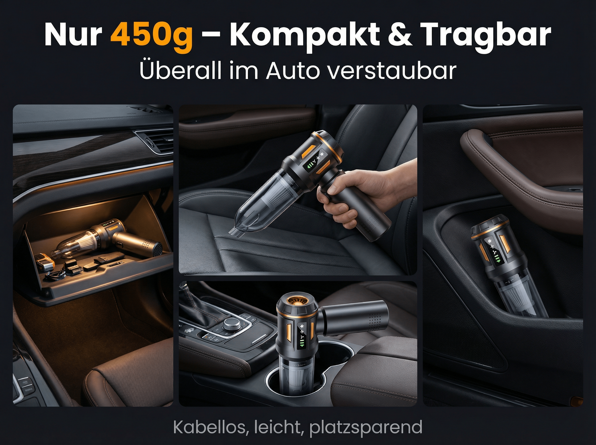 Ein tragbarer Staubsauger wird im Auto gezeigt, in verschiedenen Fächern.