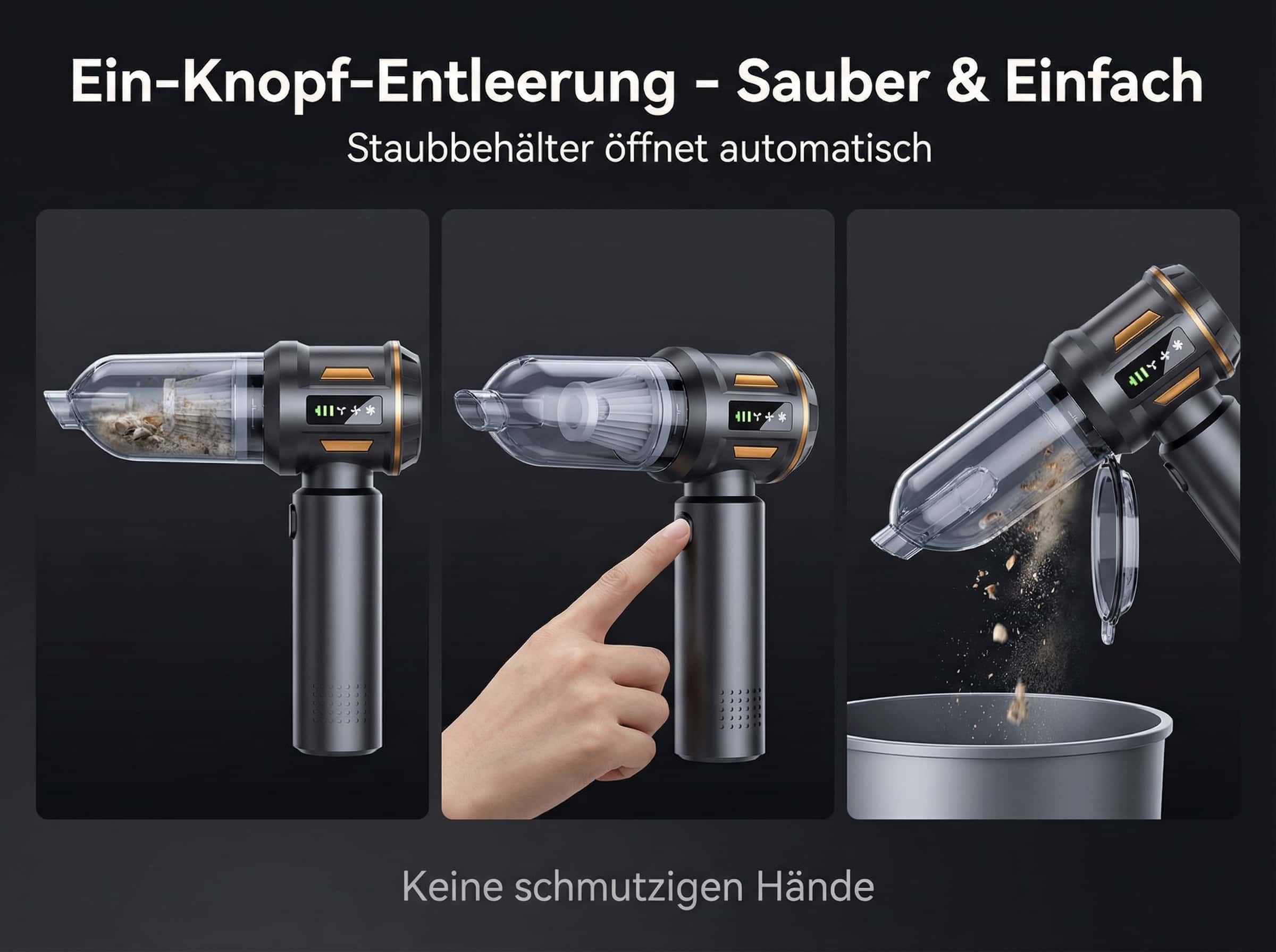 Handstaubsauger entleert Staub in einen Eimer. Ein Knopf erleichtert die Bedienung.