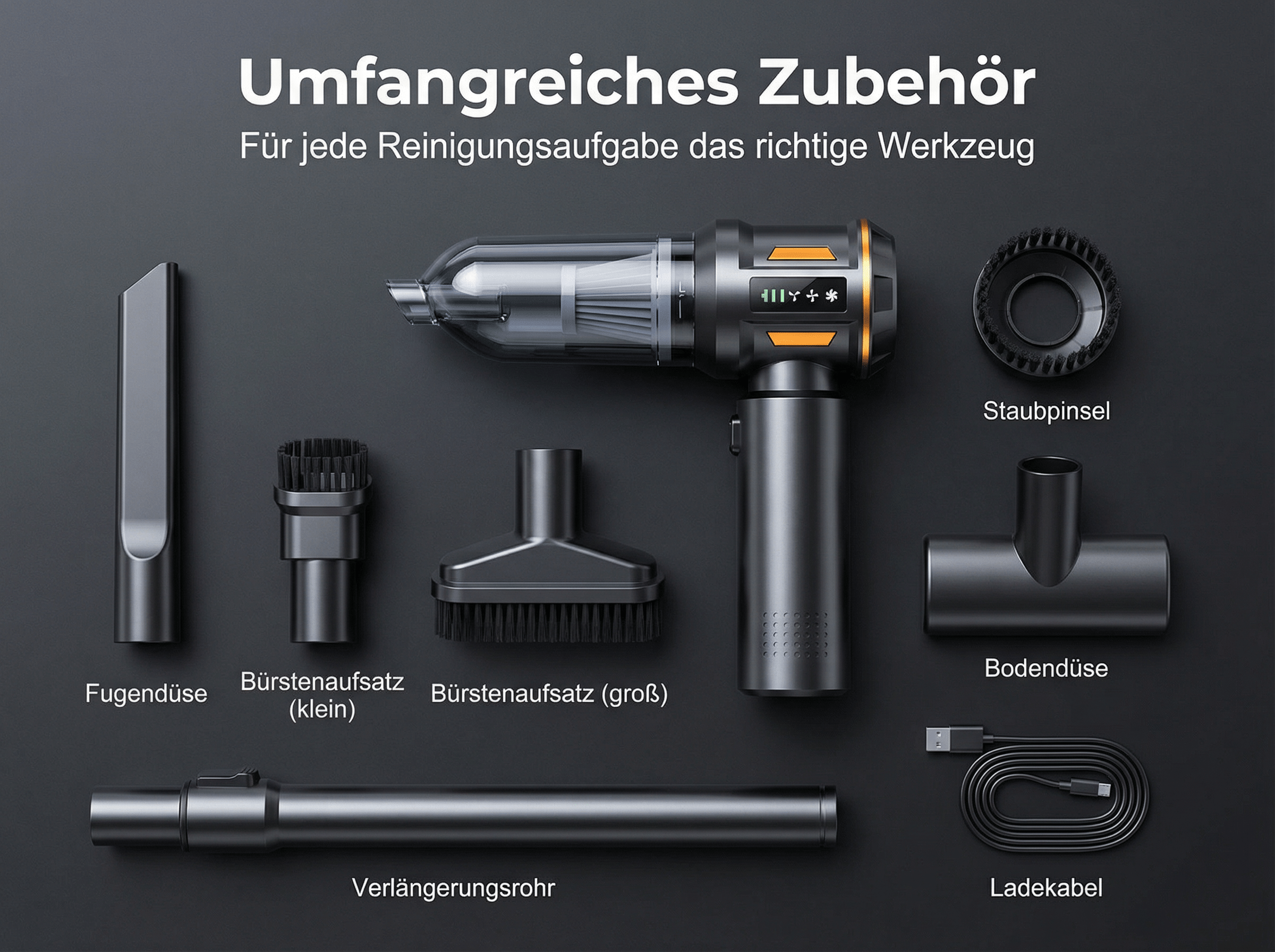 Ein Handstaubsauger mit Zubehör, darunter Düsen, Bürsten, Rohr und Ladekabel.