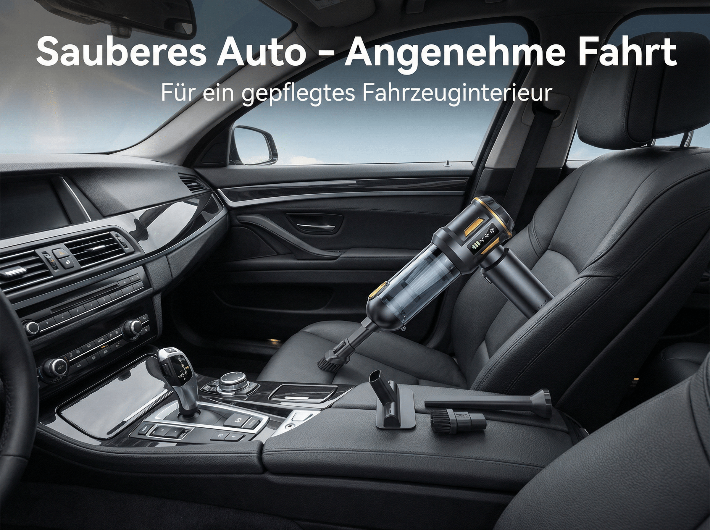 Ein schwarzer Handstaubsauger liegt auf dem Ledersitz eines Autos.