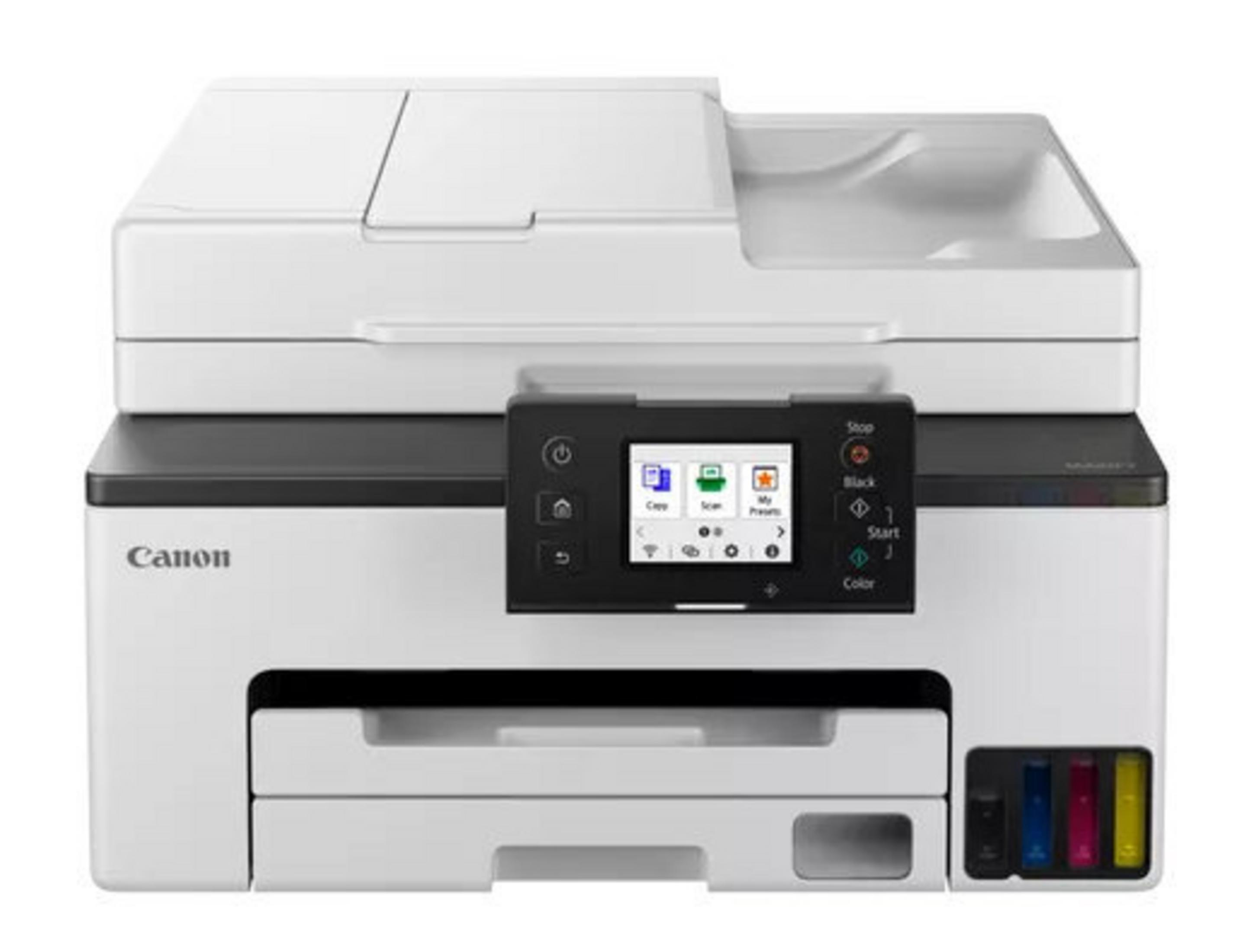 A white Canon printer with a touchscreen and visible ink tanks.
