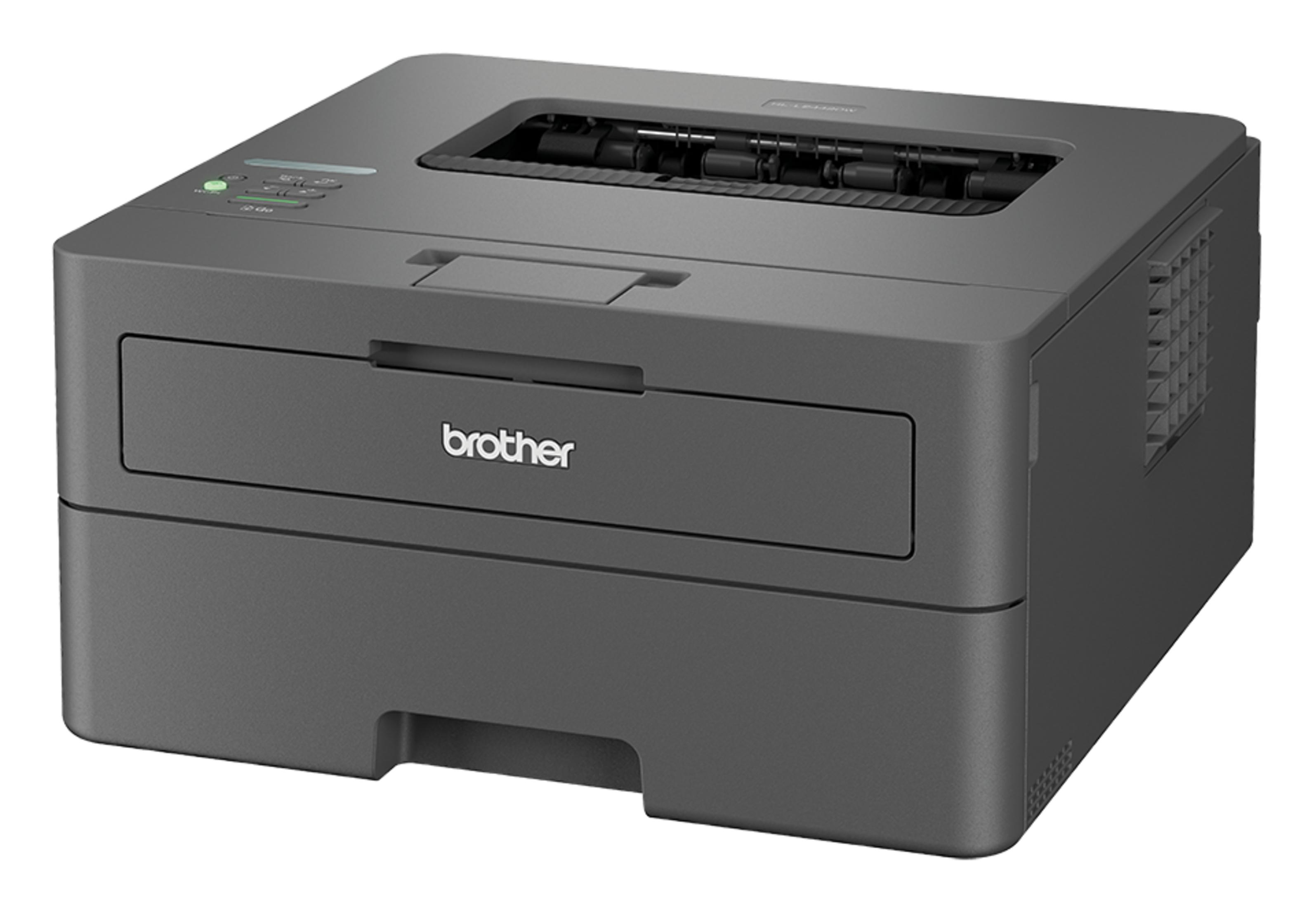 Szara drukarka laserowa Brother na białym tle.