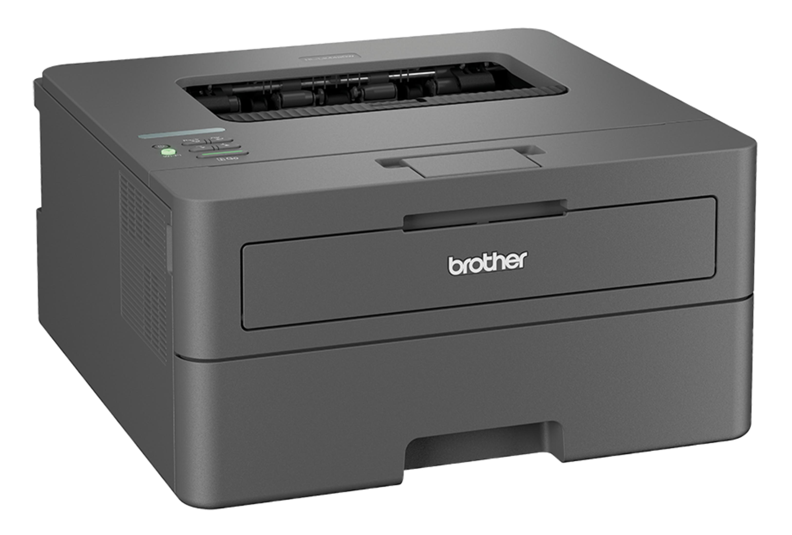 Szara drukarka laserowa Brother na białym tle.