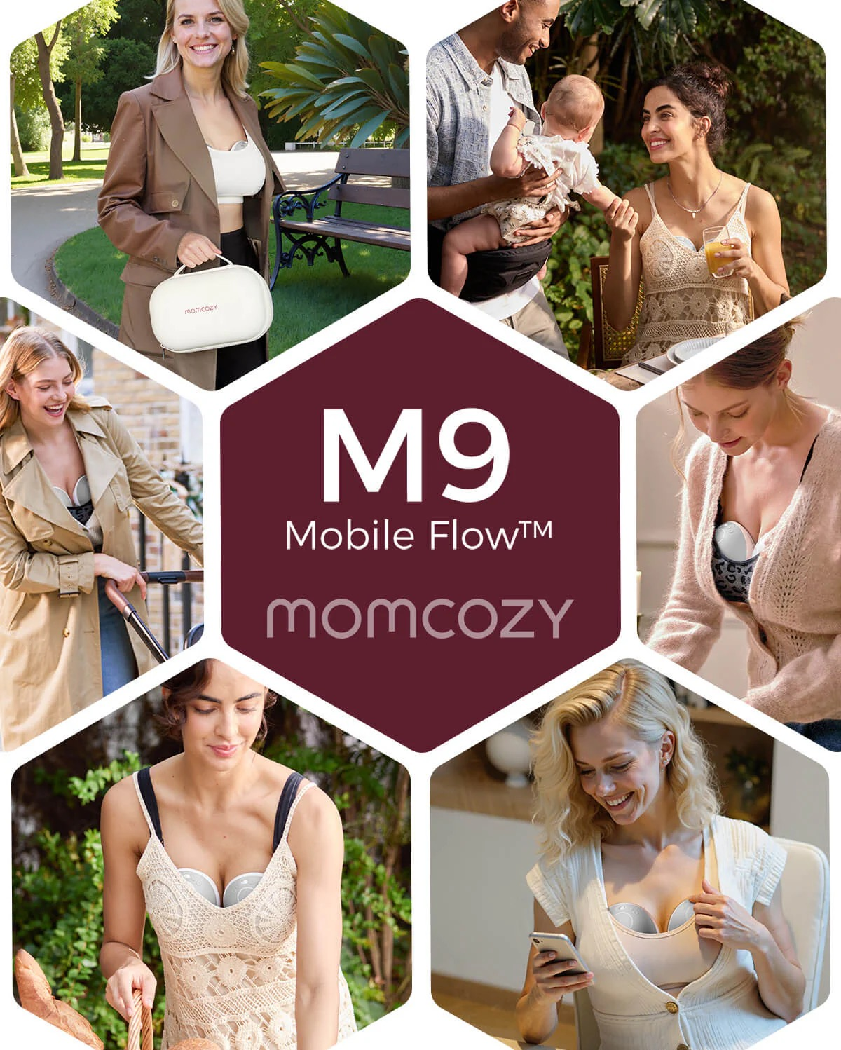 Kolaż pokazuje kobiety z laktatorami, rodzinę i tekst 'M9 Mobile Flow Momcozy'.