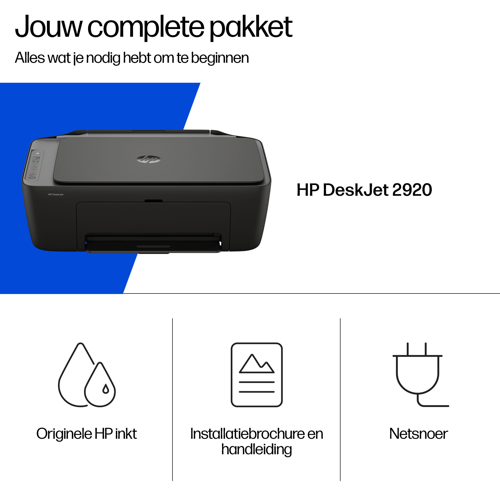 Czarna drukarka HP DeskJet 2920 z trzema ikonami: tusz, instrukcja i kabel zasilający.
