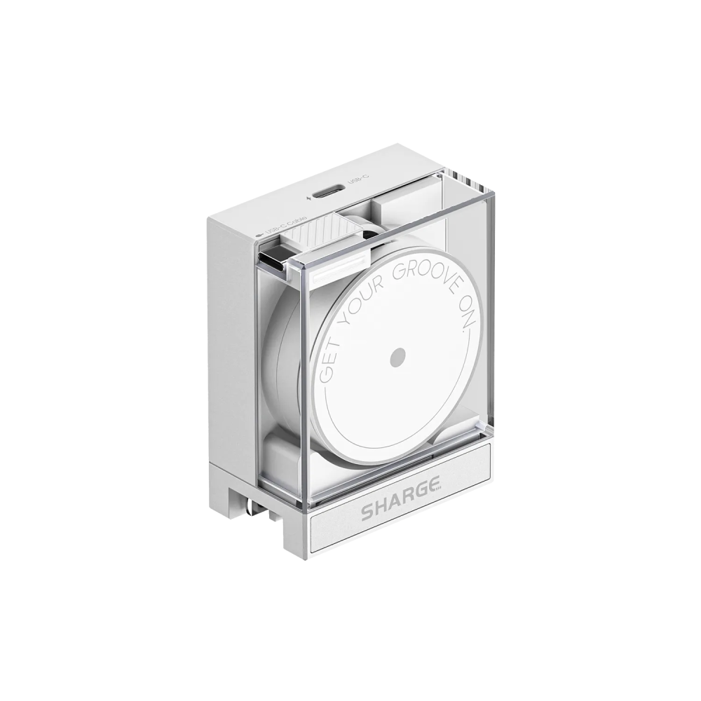 Avvolgicavo Sharge bianco con custodia trasparente e porta USB-C.