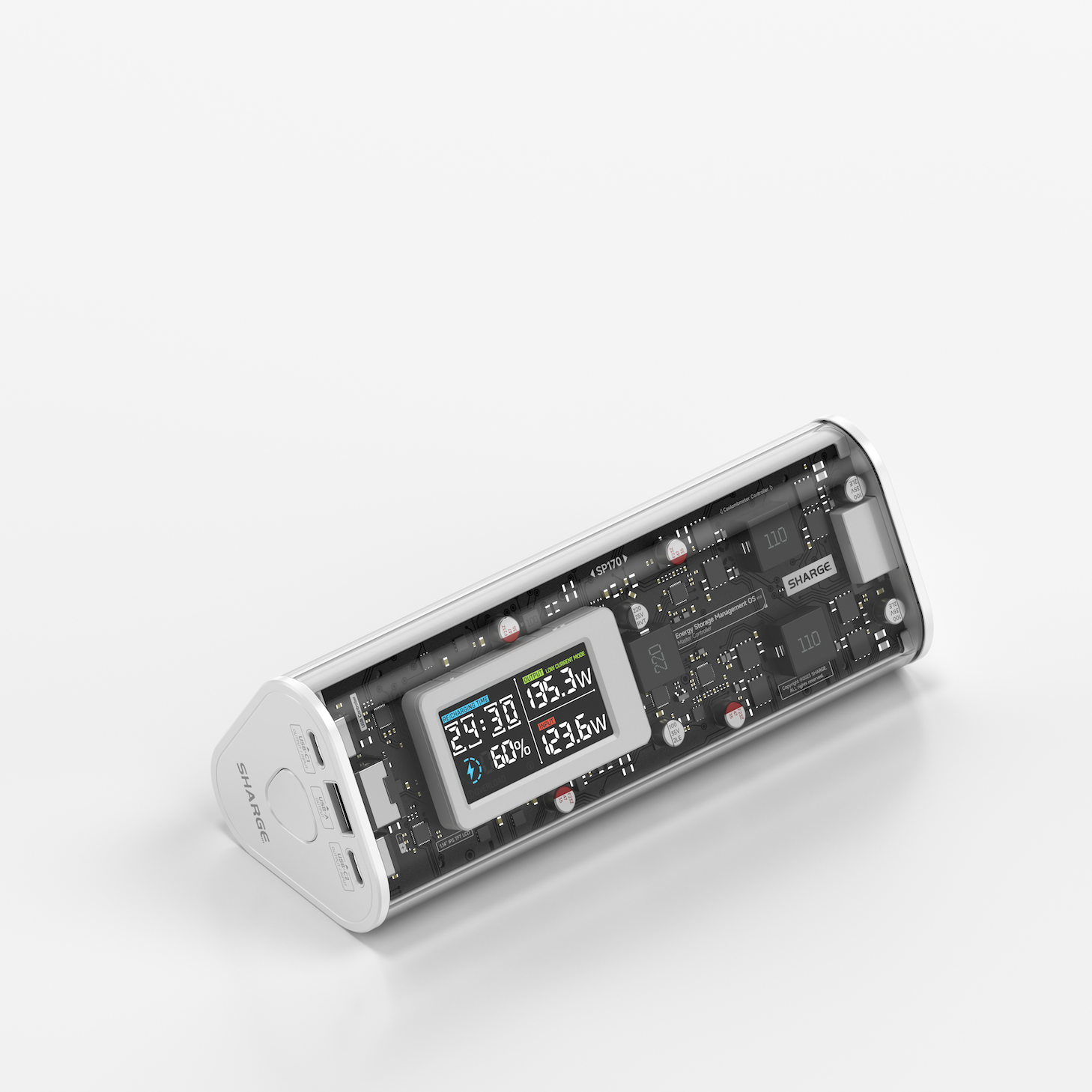 Un boîtier transparent révèle l'électronique interne d'une banque d'alimentation blanche avec écran LCD.
