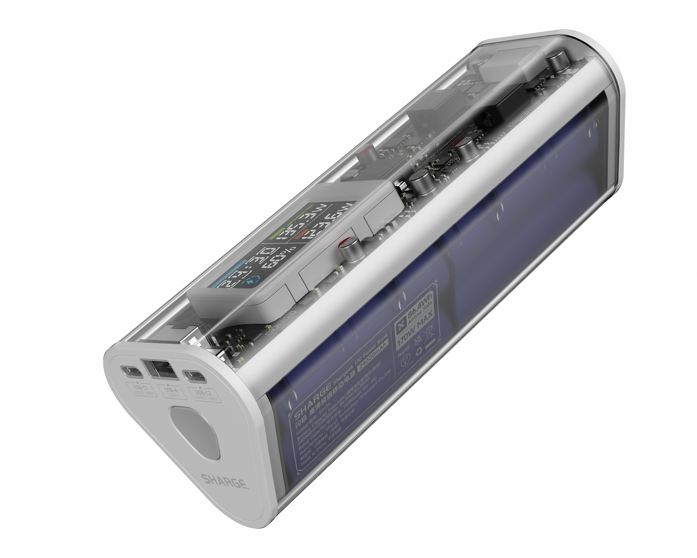Une batterie externe transparente avec écran numérique, ports USB et électronique interne visible.