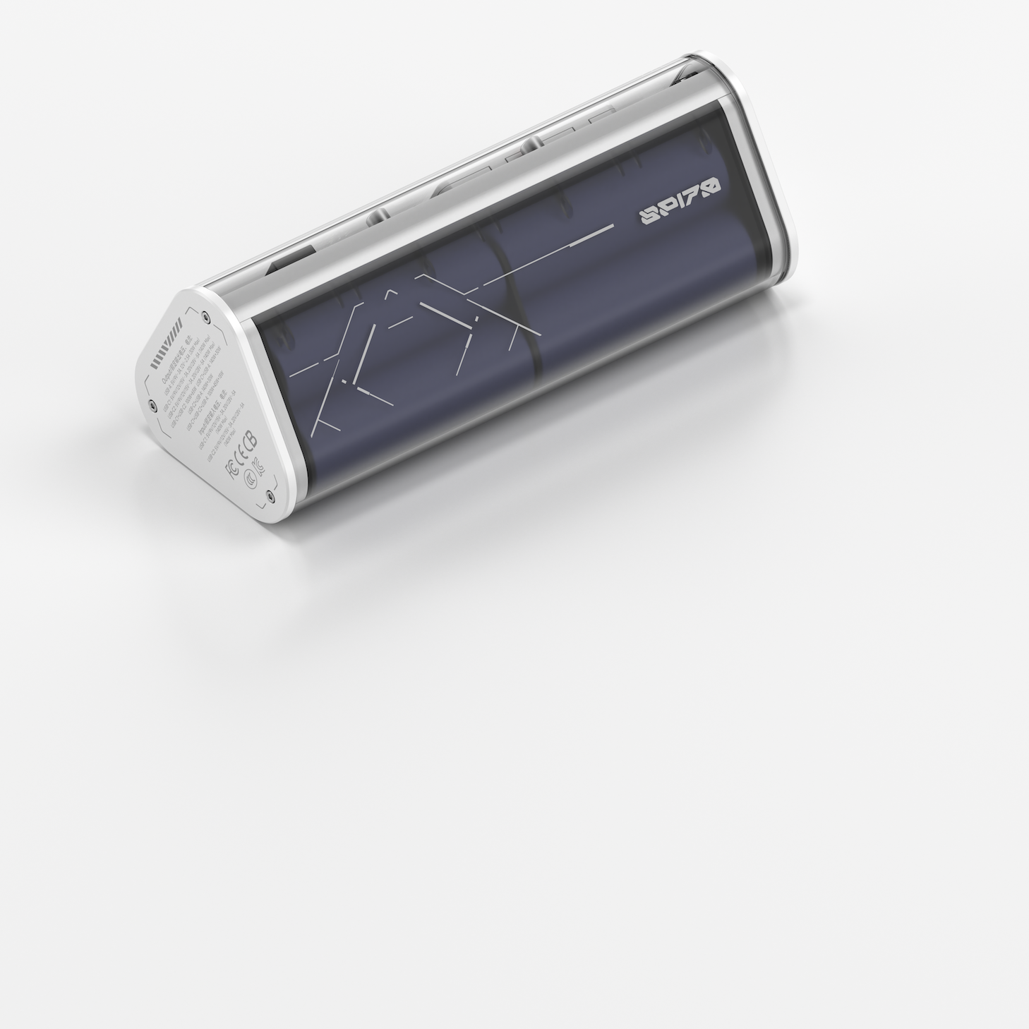 Un appareil de power bank long et triangulaire avec un boîtier argenté et un écran sombre.