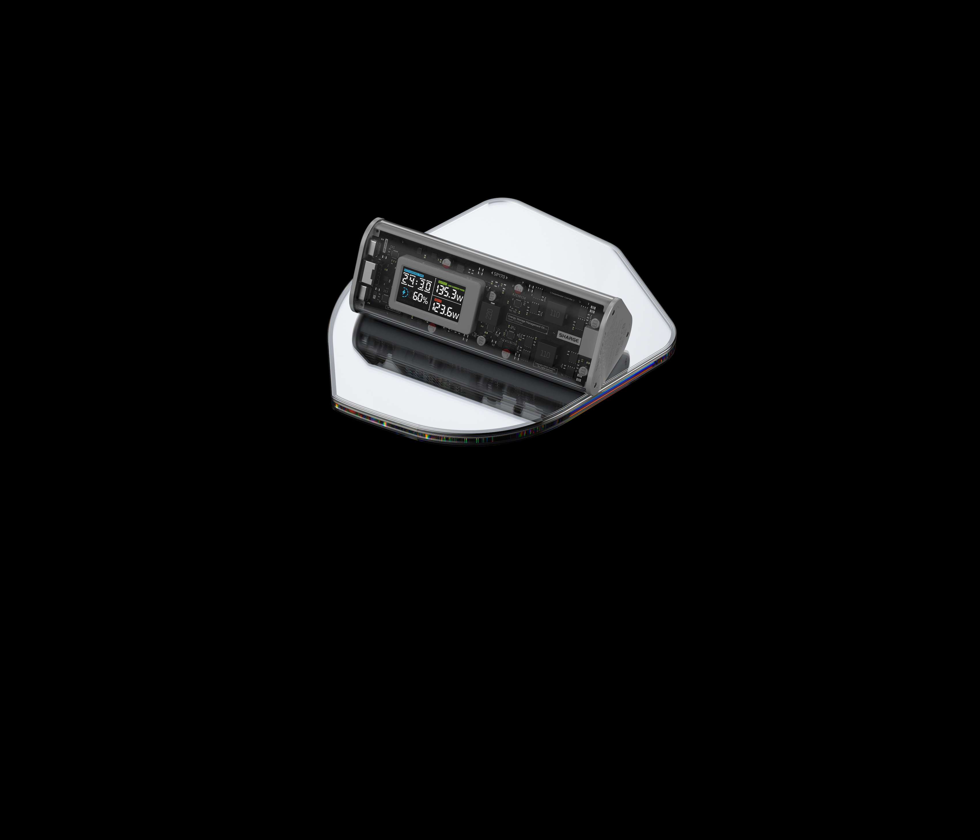 Chargeur transparent avec écran numérique affiche l'heure, la puissance et la charge.