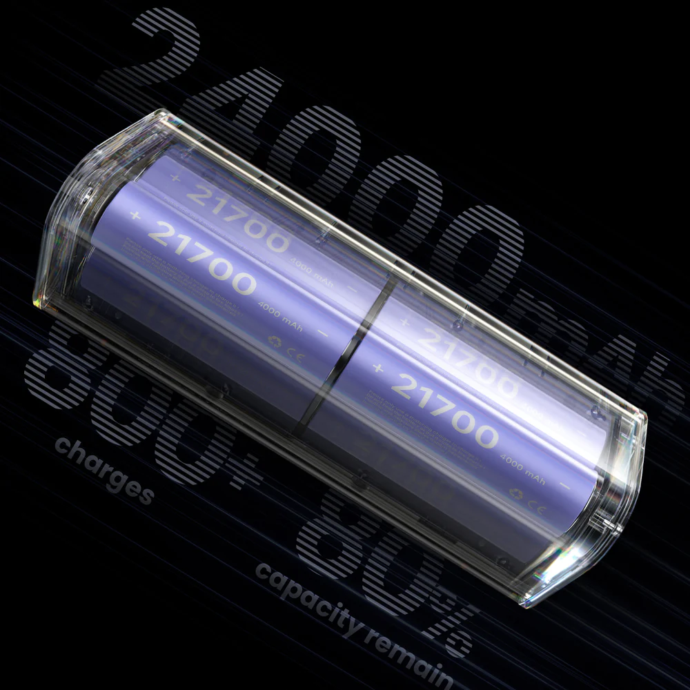 Deux batteries 21700 violettes dans un boîtier transparent, 24000mAh.