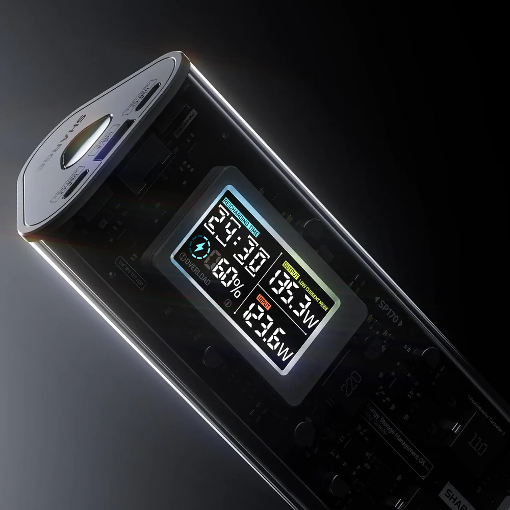 Une batterie externe avec écran numérique indiquant le temps de recharge, surcharge, charge et puissance.