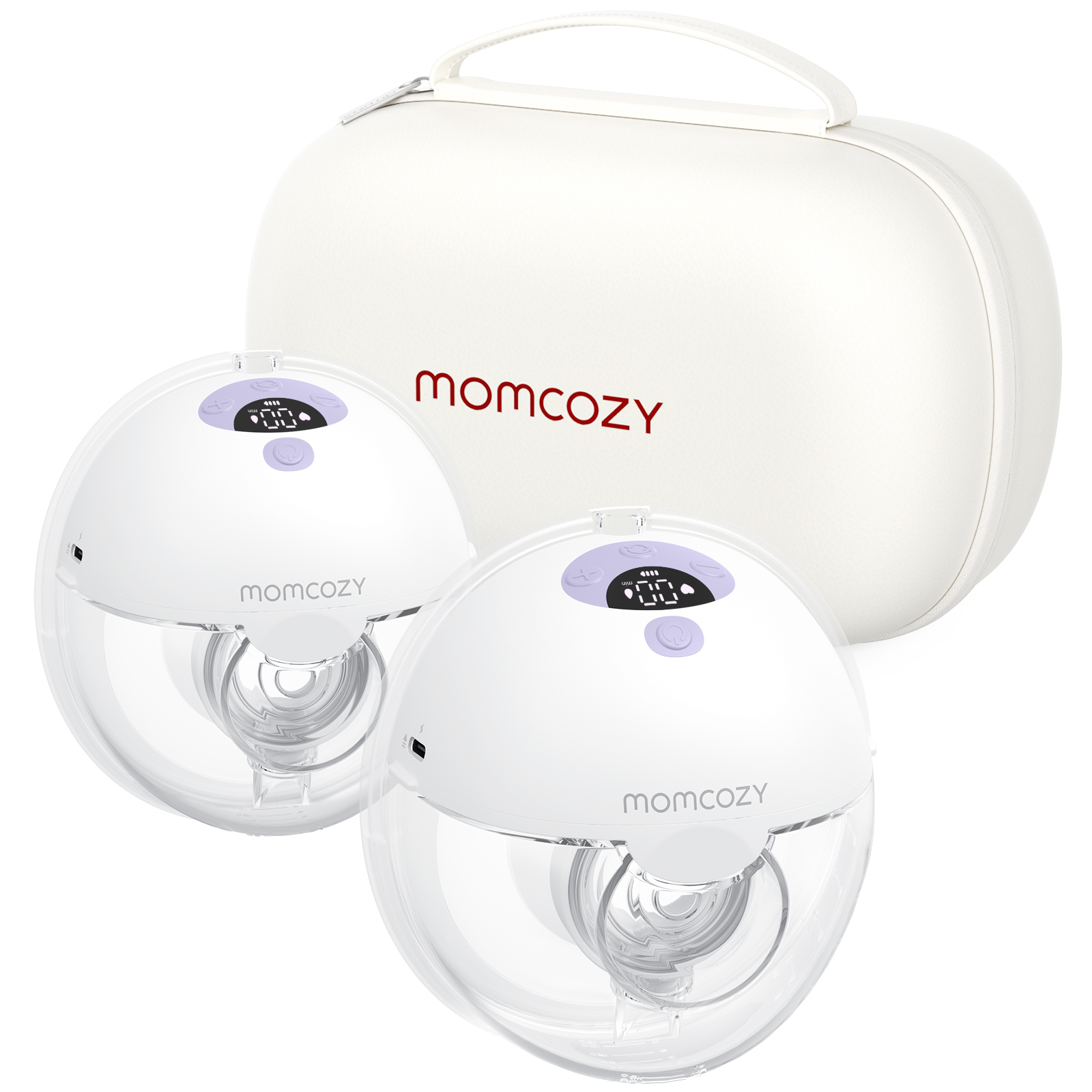Due tiralatte Momcozy bianchi e una custodia bianca con logo rosso.