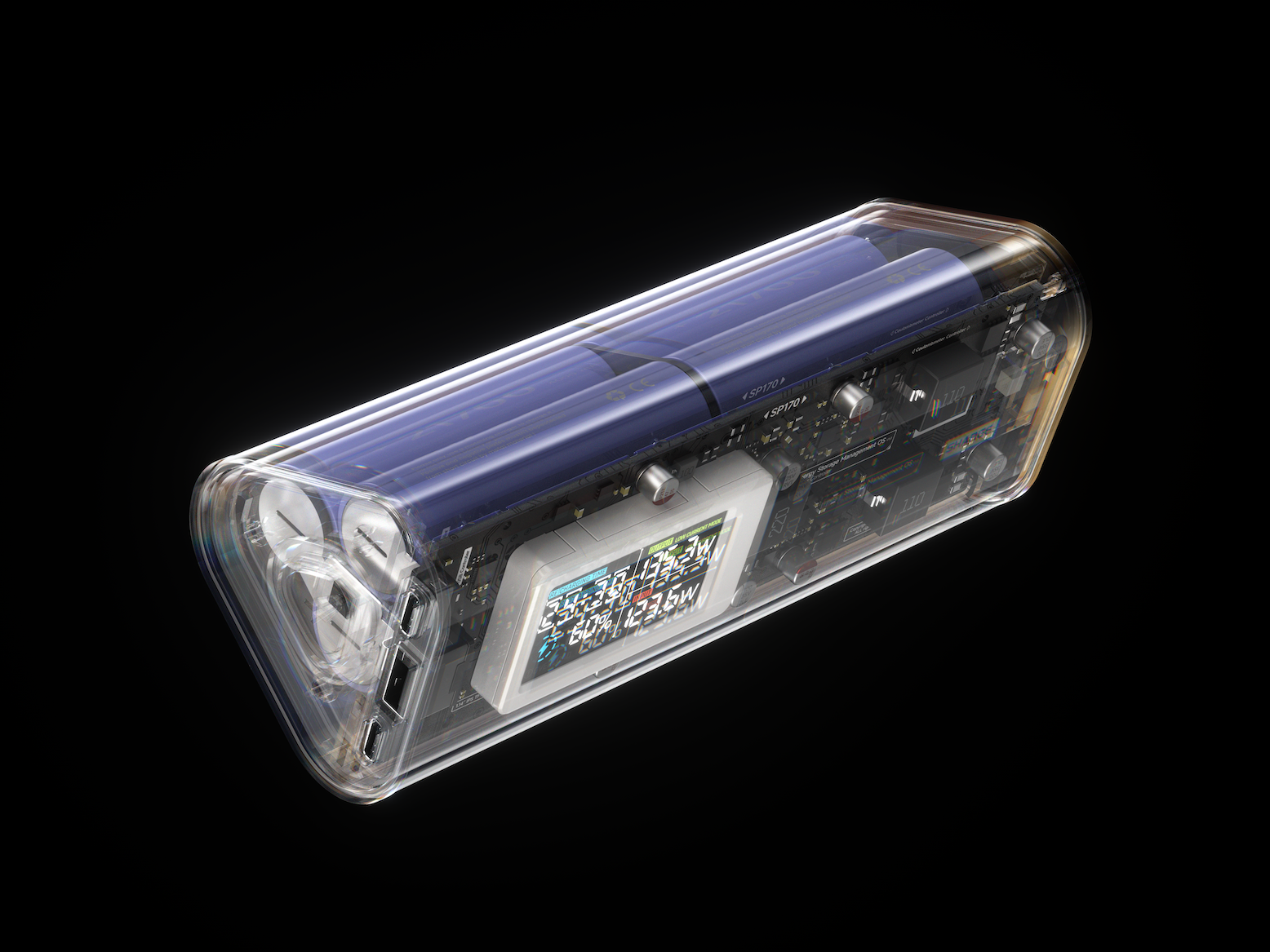 Intérieur transparent de power bank : batteries bleues, circuit imprimé, écran.