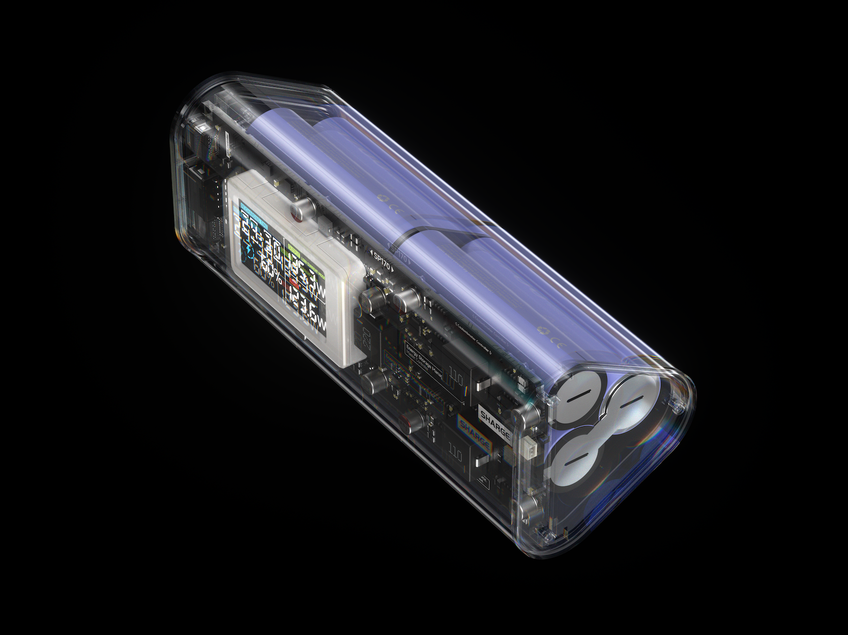 Batterie externe transparente avec piles bleues, écran et circuit.