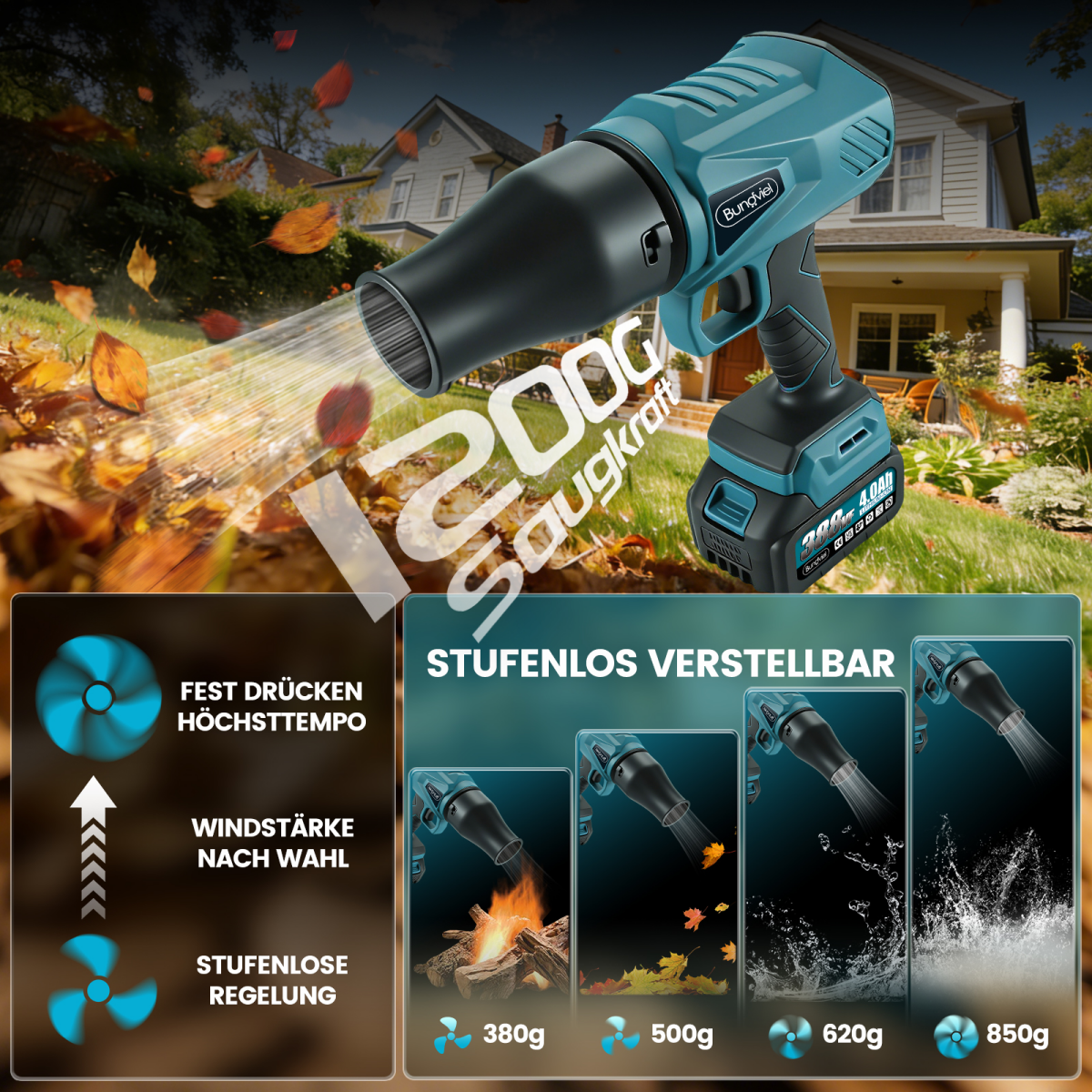 Ein Laubbläser mit Akku steht im Garten vor einem Haus, Herbstlaub fliegt.