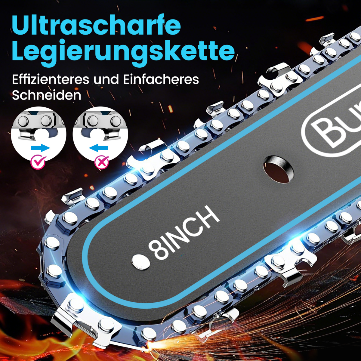 Nahaufnahme einer Kettensägenkette mit der Aufschrift "8INCH" und fuoco.