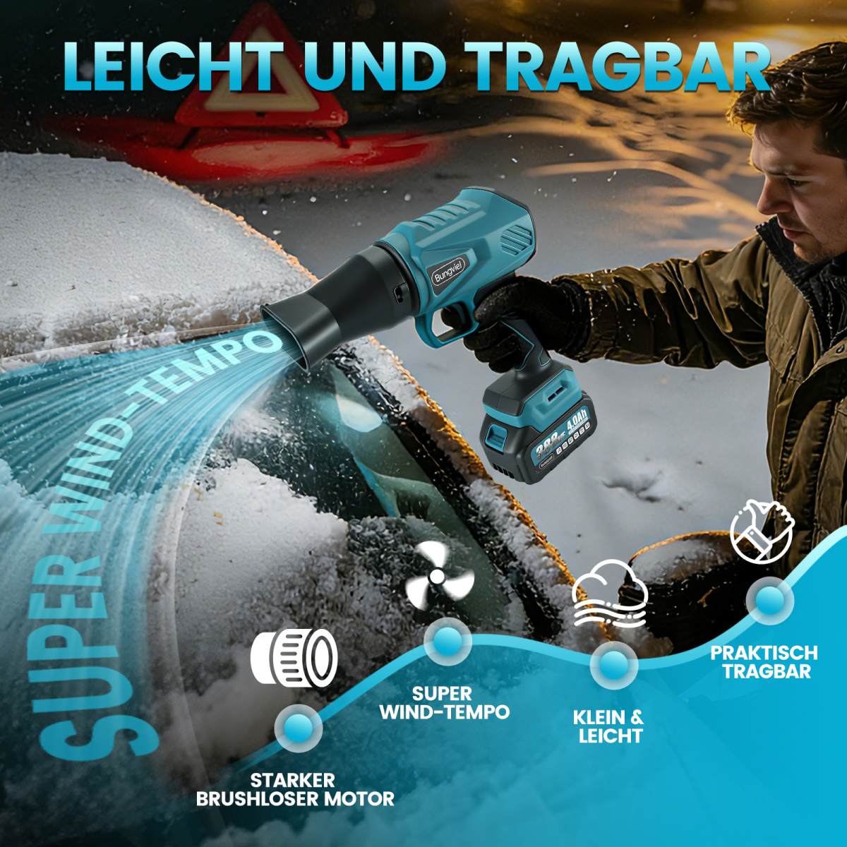 Mann reinigt Auto mit Gebläse, Text: Leicht und tragbar.